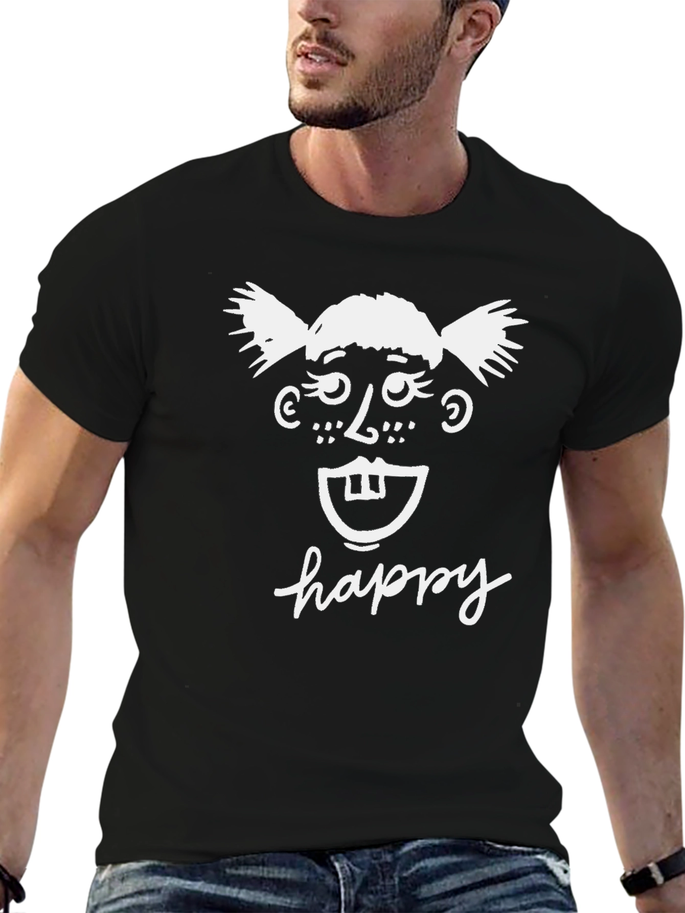 Black Happy Face Graphic Tee - Black Cotton T-Shirt view 6