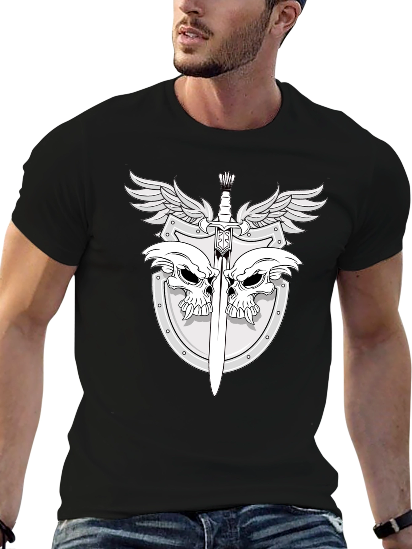 Black Skull & Sword Shield Graphic Tee - Black view 6