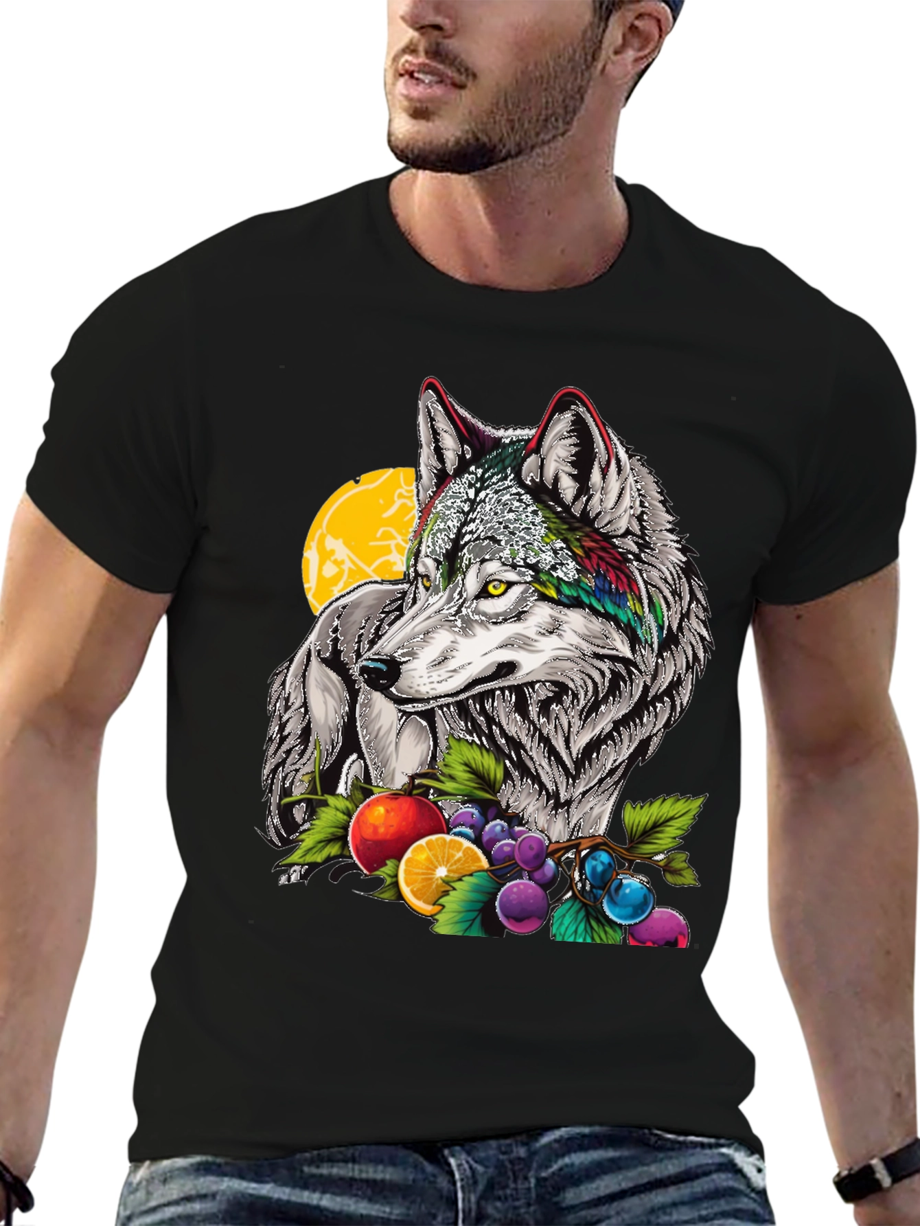 Black Wolf & Fruit Graphic Print T-Shirt - Black view 6