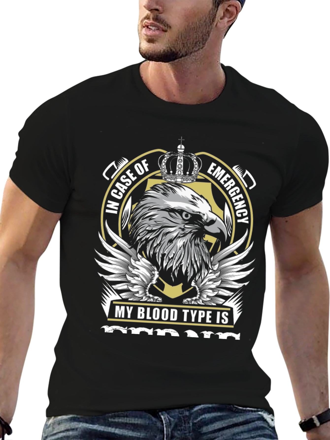 Black Emergency Blood Type T-Shirt with Eagle Graphic view 6