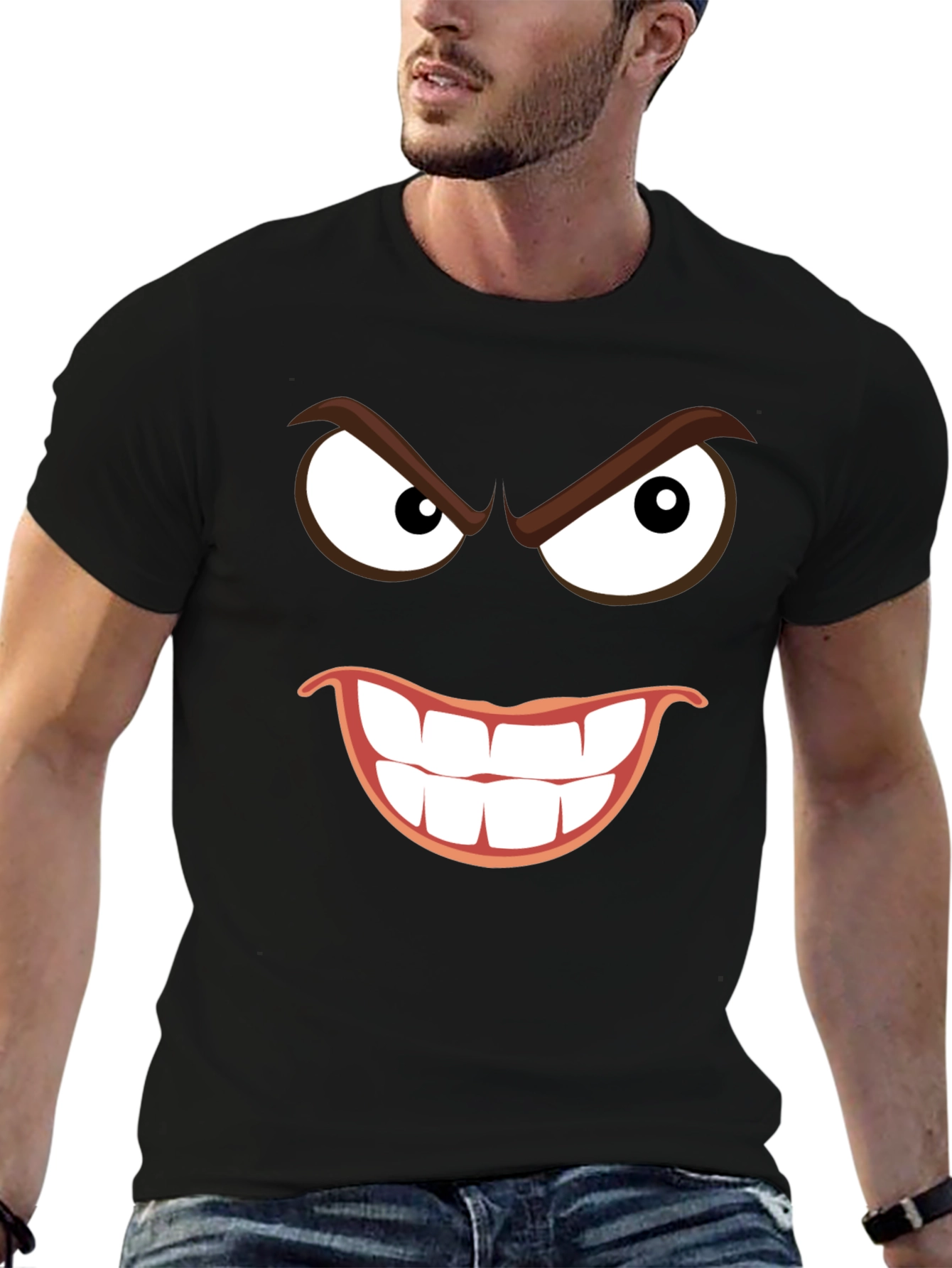 Black Men's Black T-Shirt with Grinning Cartoon Face view 6