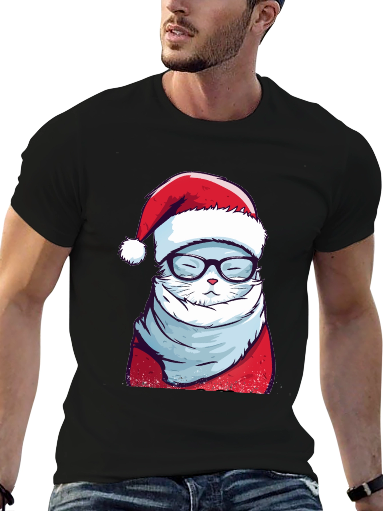 Black Holiday Cat T-Shirt: Santa Hat & Glasses view 6