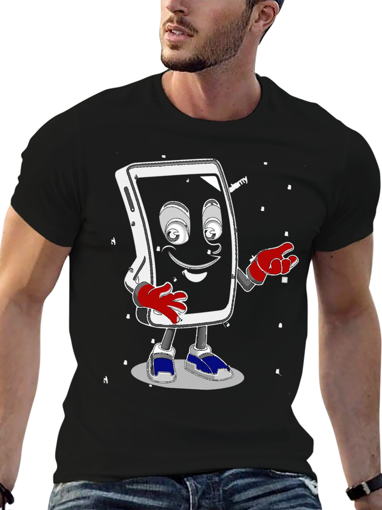 Black Funny Smartphone Character Graphic T-Shirt view 6