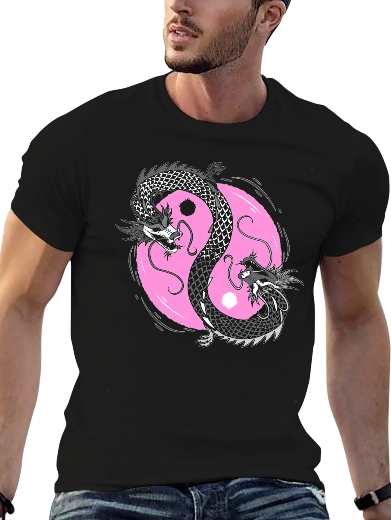 Black Yin Yang Dragon Graphic Tee - Black Cotton Blend view 6
