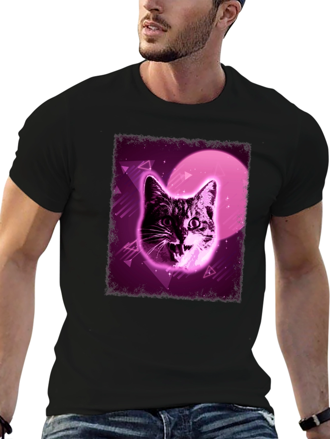 Black Retro Cat Graphic Tee - Vaporwave Style view 6