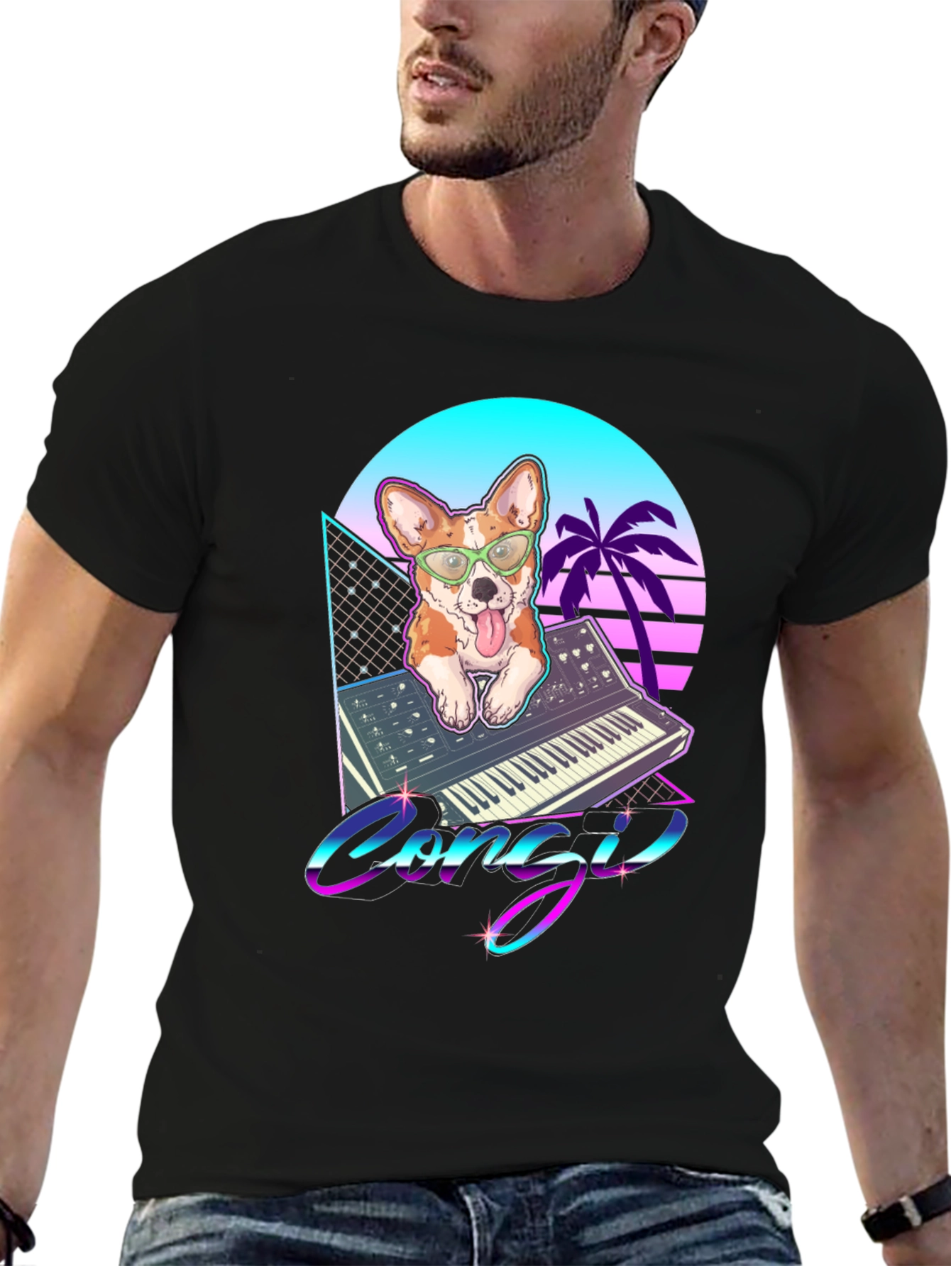 Black Retro Corgi Synthwave Graphic T-Shirt view 6