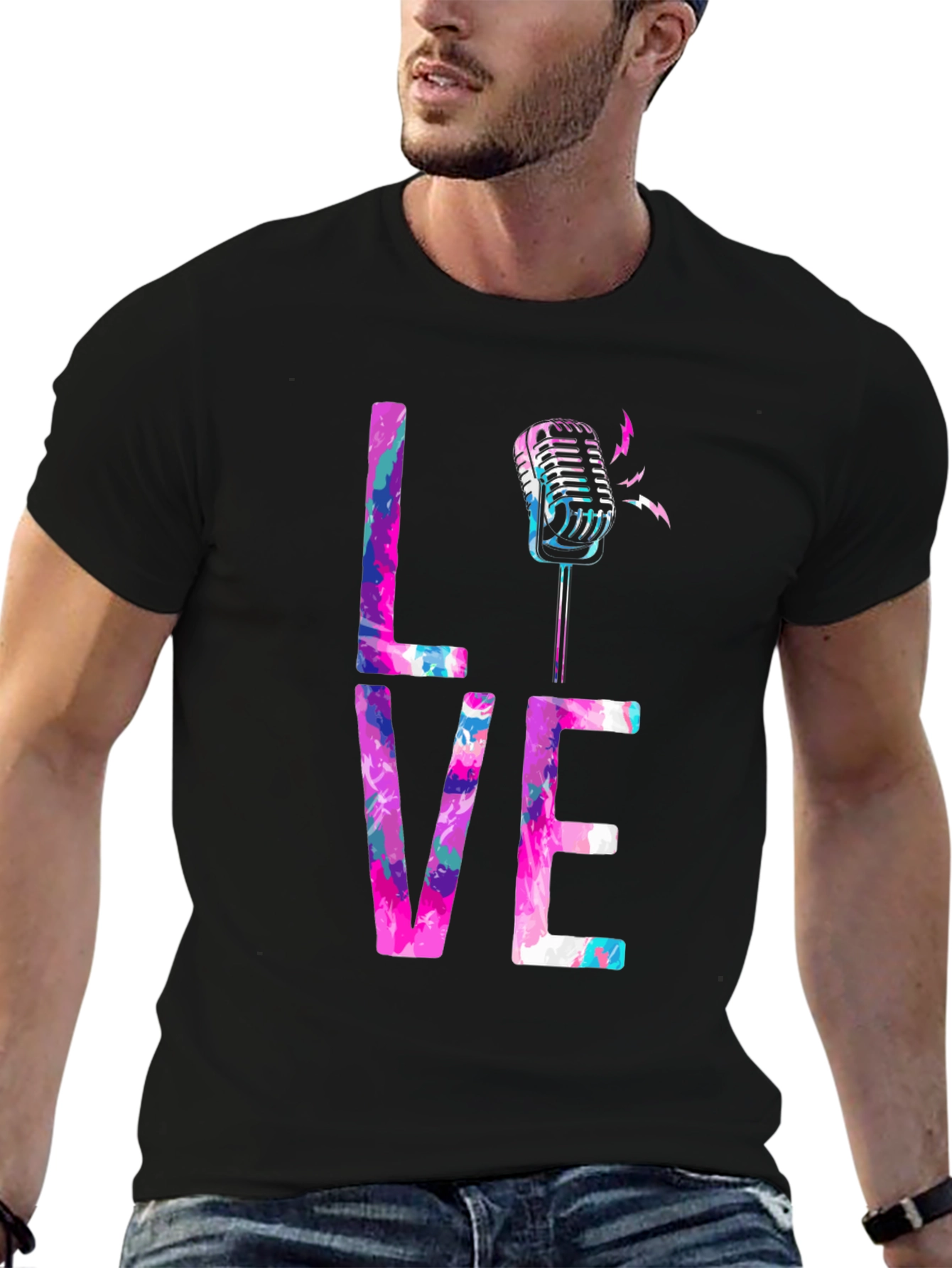 Black Colorful LOVE Microphone Graphic Tee view 6
