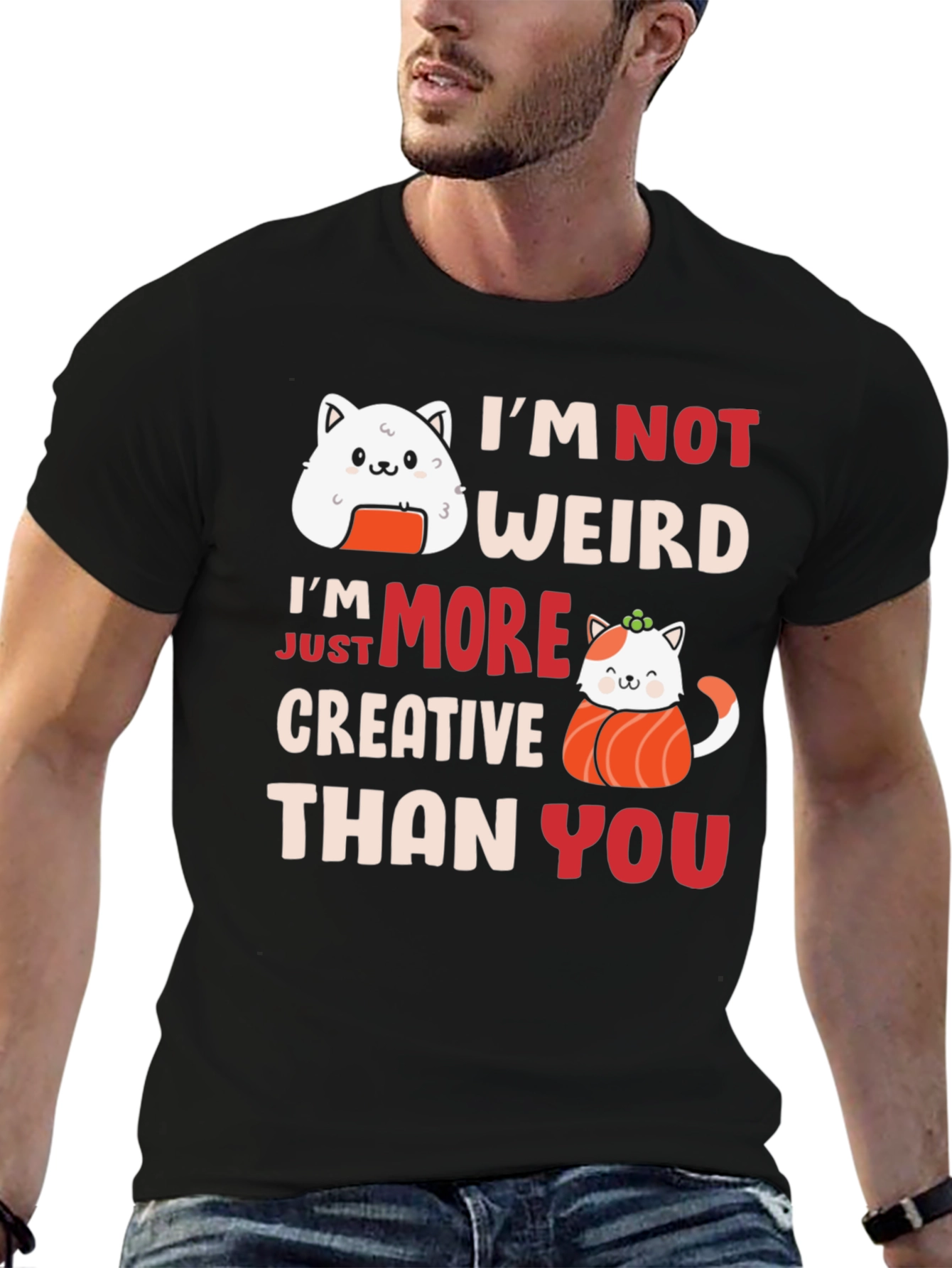 Black Funny Sushi Cat T-Shirt - I'm Not Weird, Creative Tee view 6