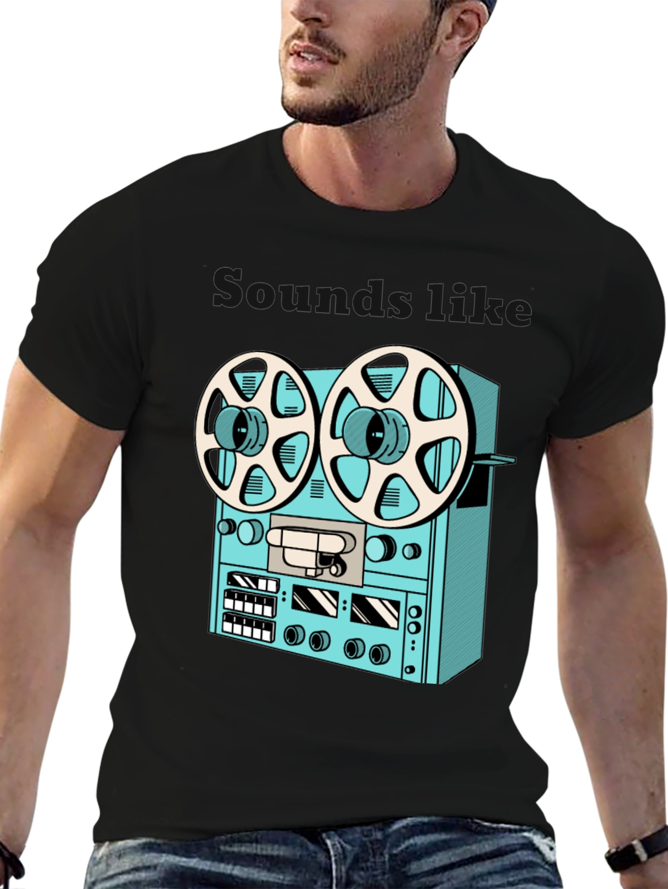 Black Vintage Reel-to-Reel T-Shirt - Retro Audio Style view 6