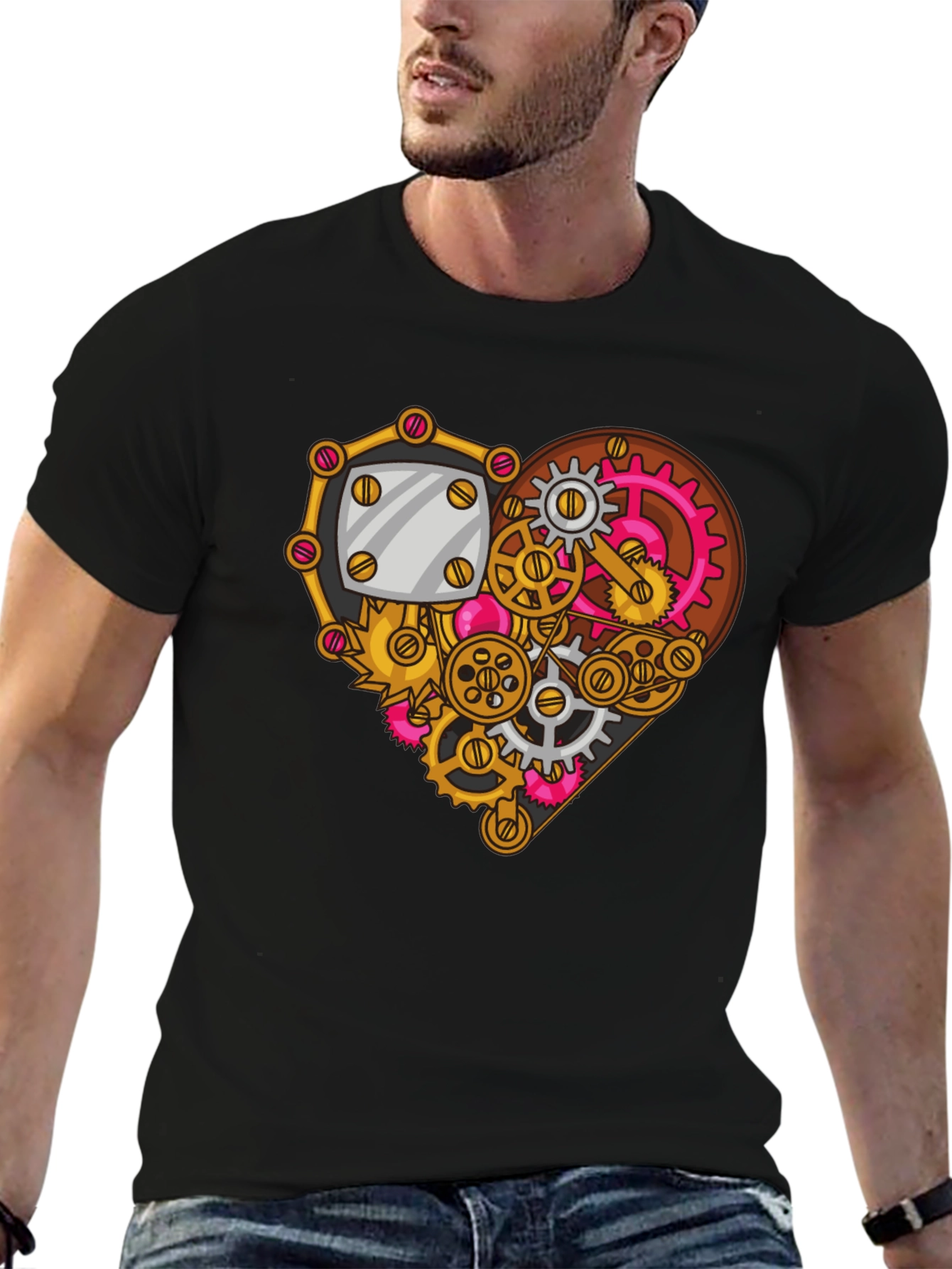 Black Steampunk Heart Gear Graphic Tee - Unique Design view 6
