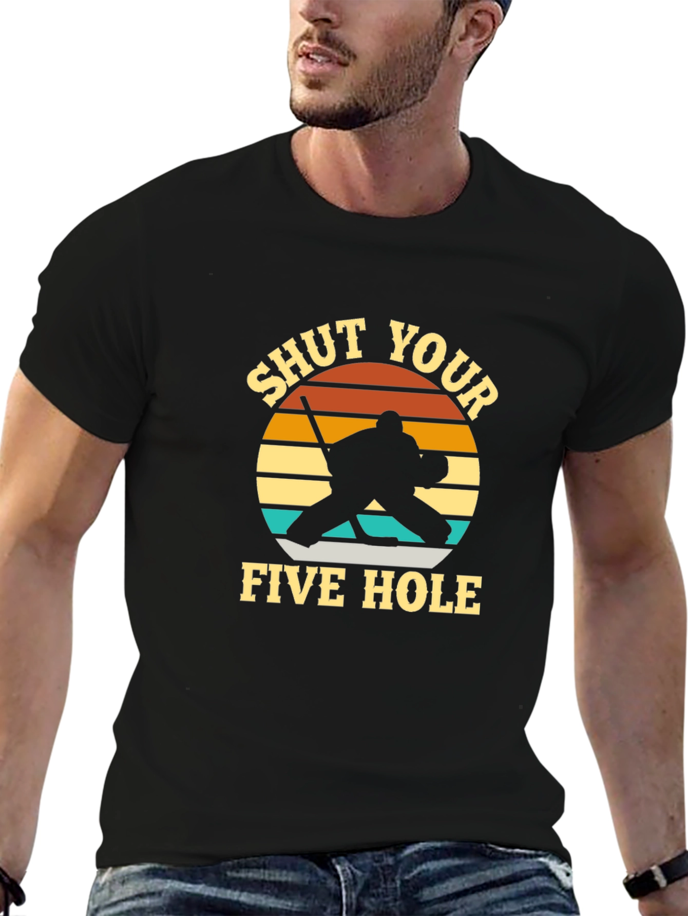 Black Shut Your Five Hole Hockey T-Shirt view 6