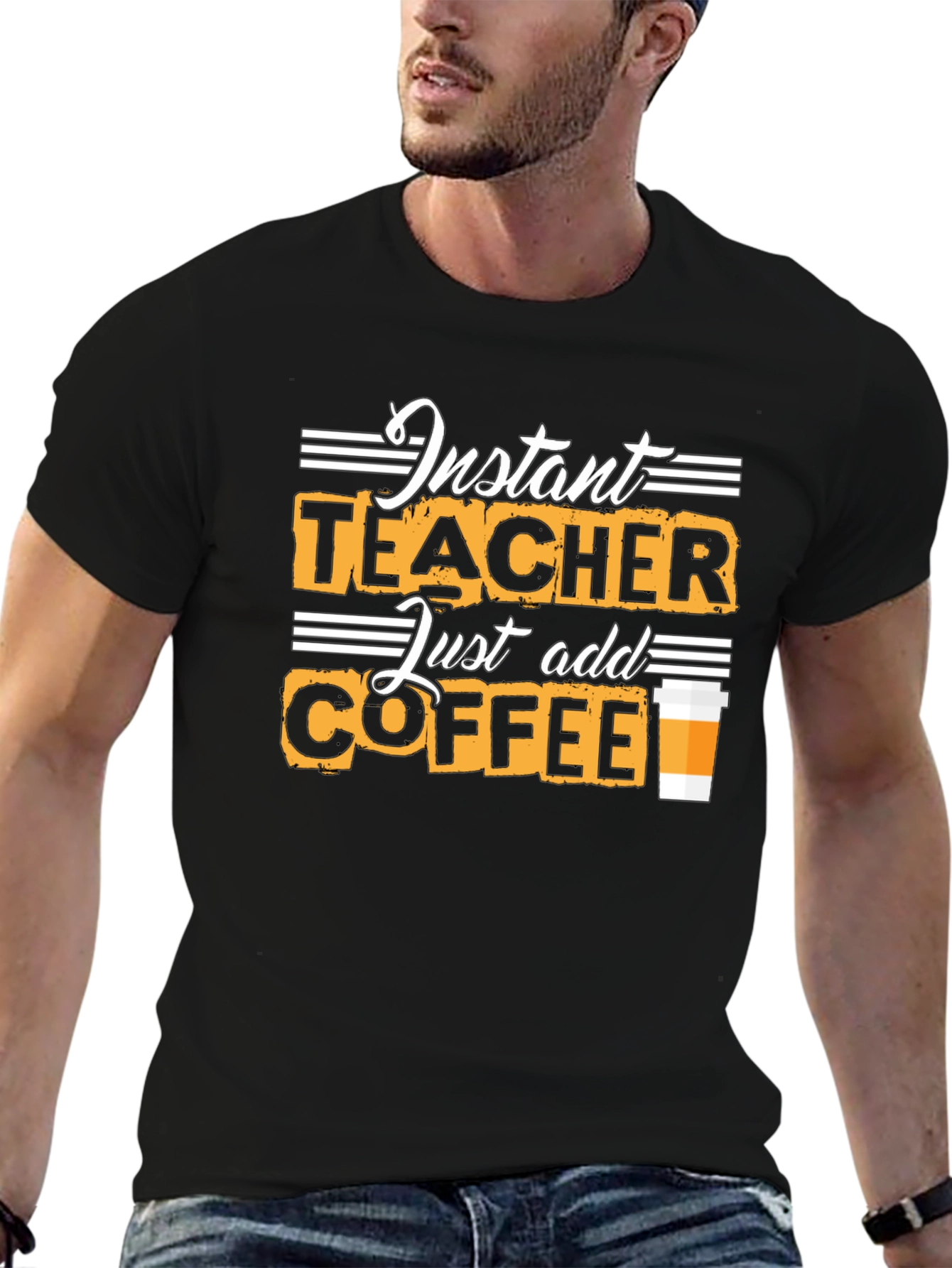 Black Instant Teacher Just Add Coffee Black T-Shirt view 6