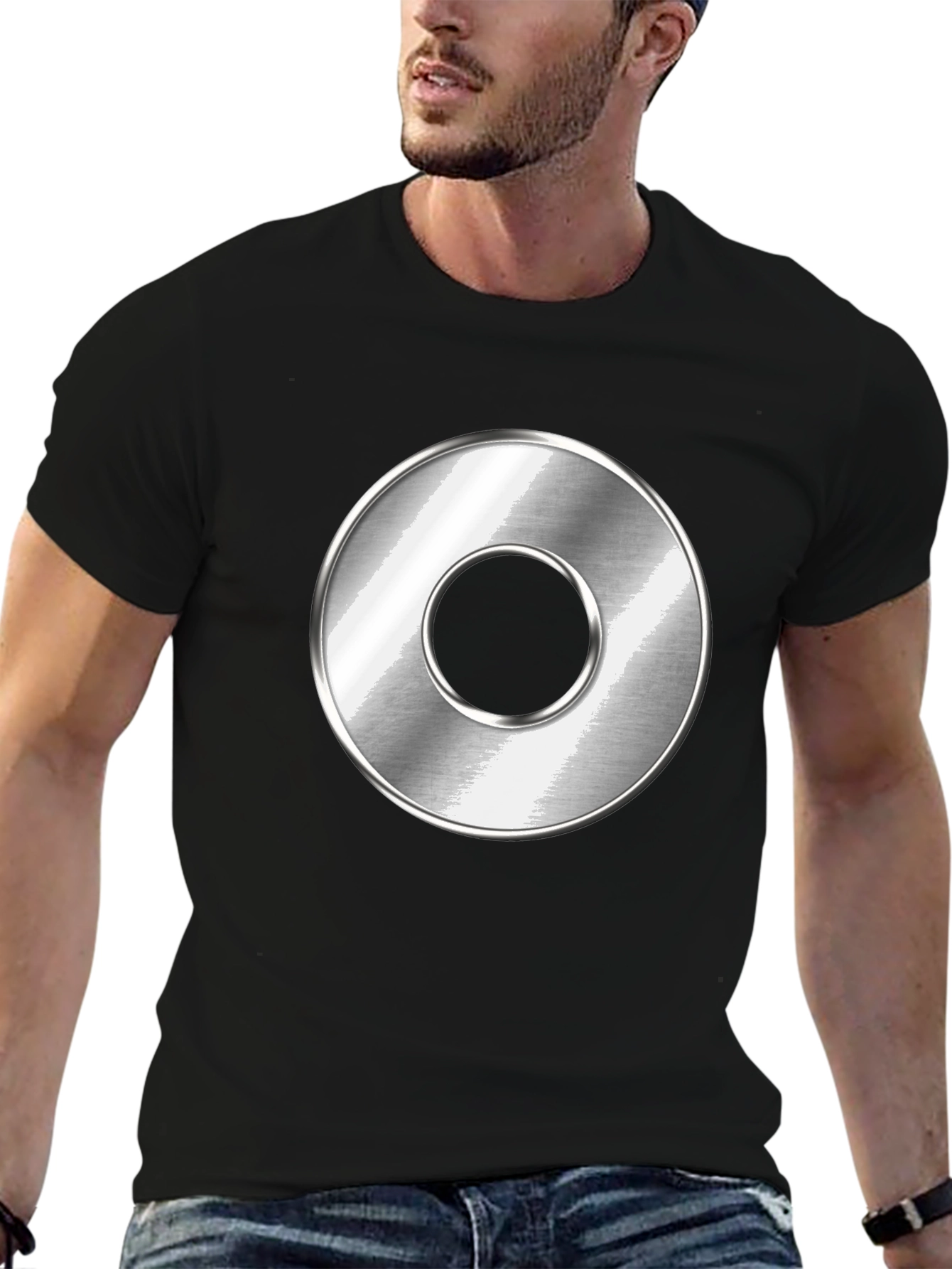 Black Men's Black T-Shirt with Metallic Circle Design view 6