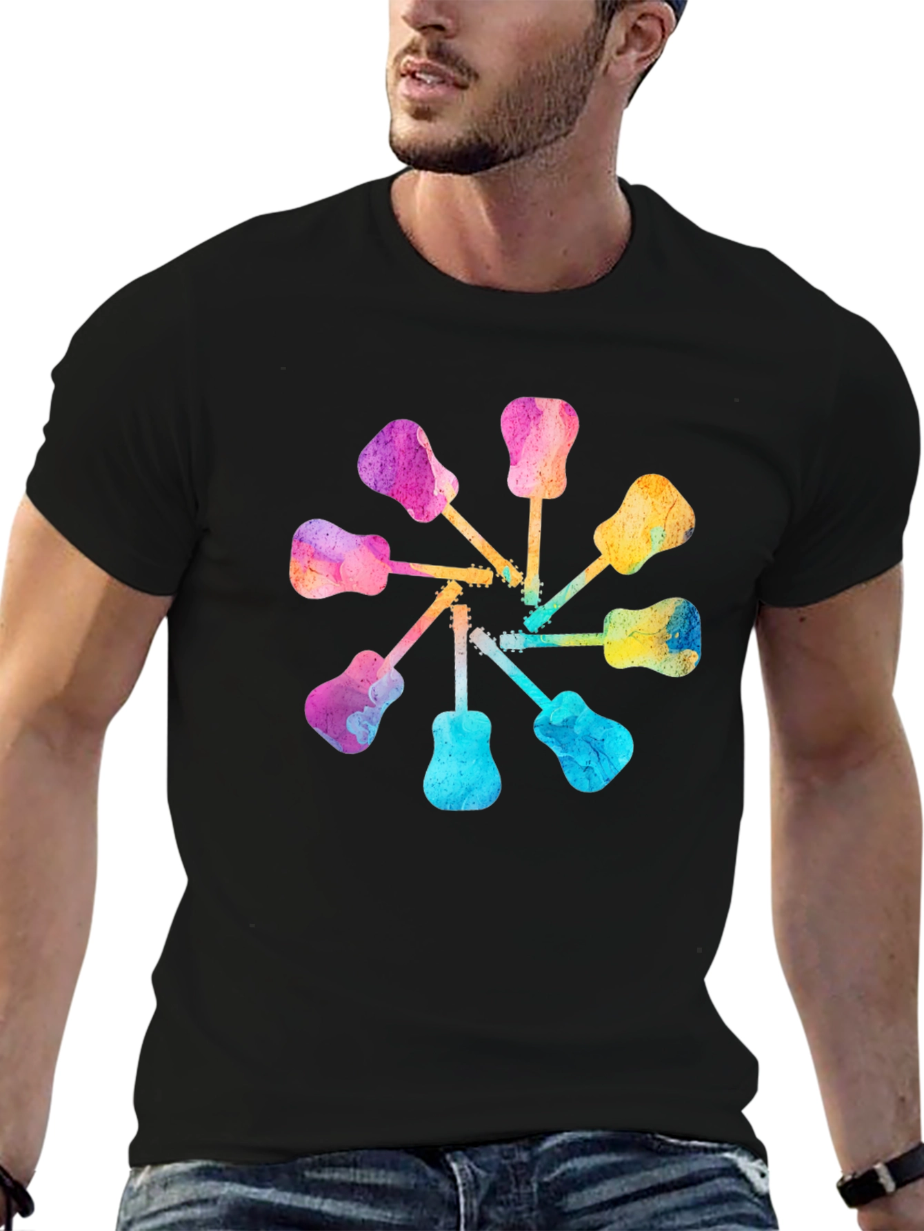 Black Watercolor Guitar Circle Graphic Tee - Music Lover's Shirt view 6