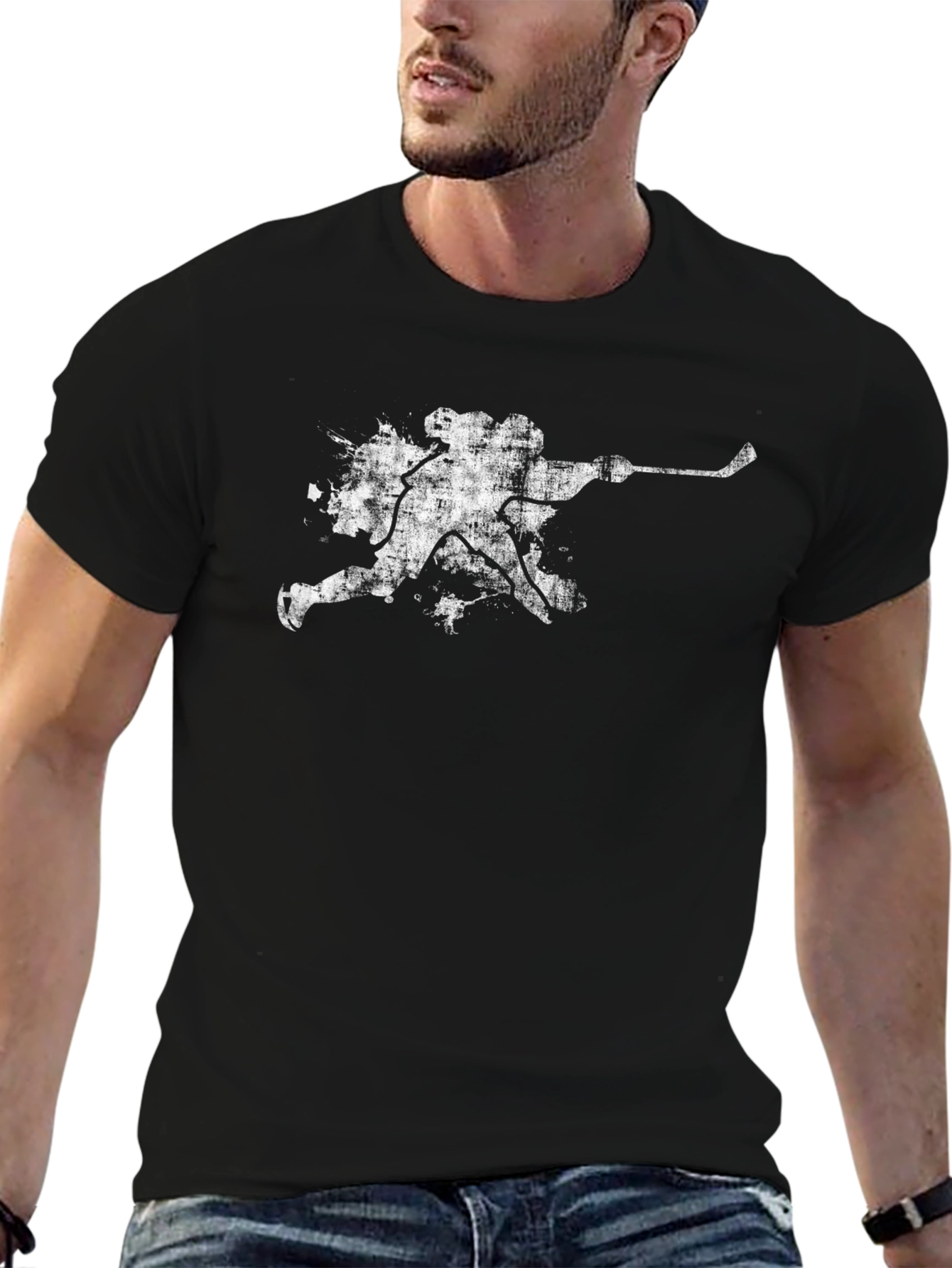 Black Grunge Hockey Player T-Shirt - Black view 6