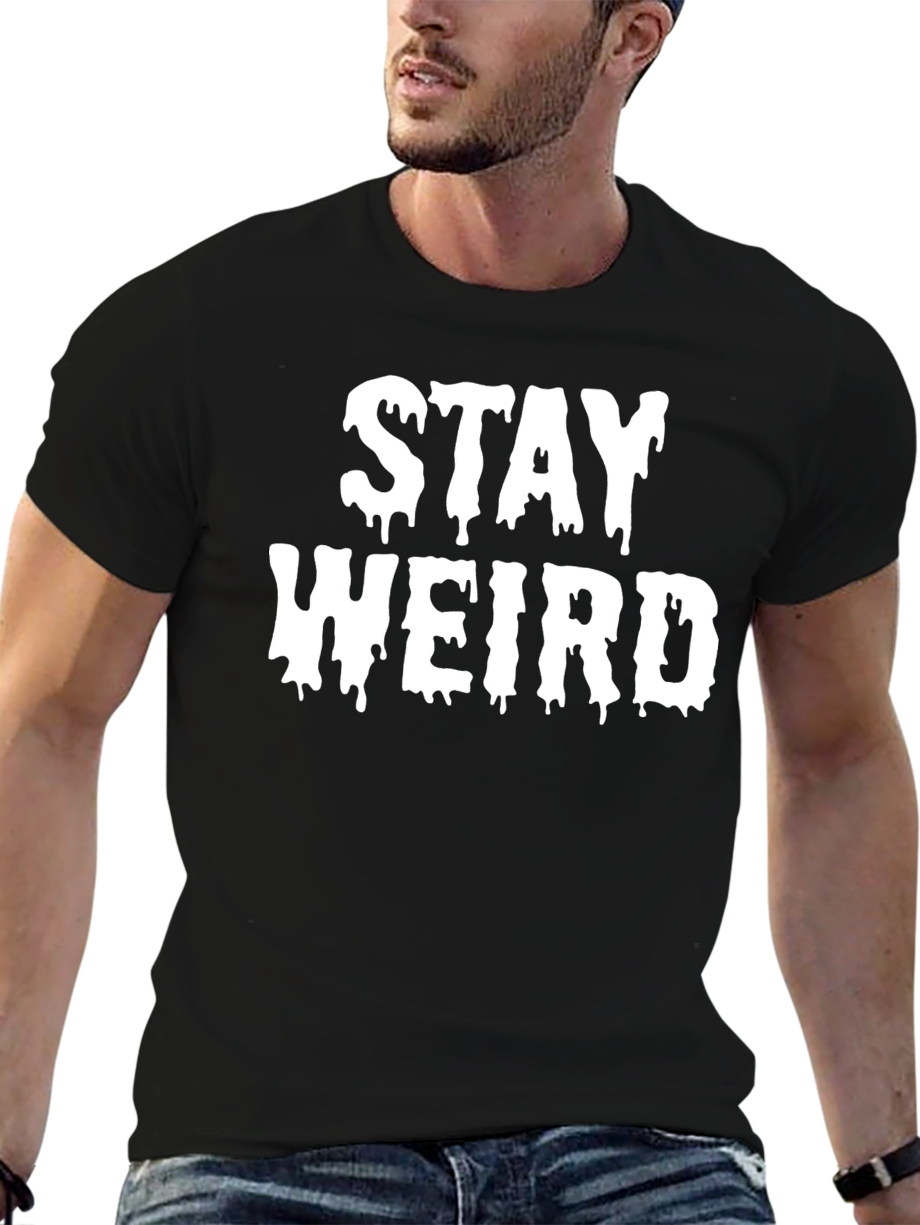 Black Stay Weird Graphic Tee - Black Cotton T-Shirt view 6