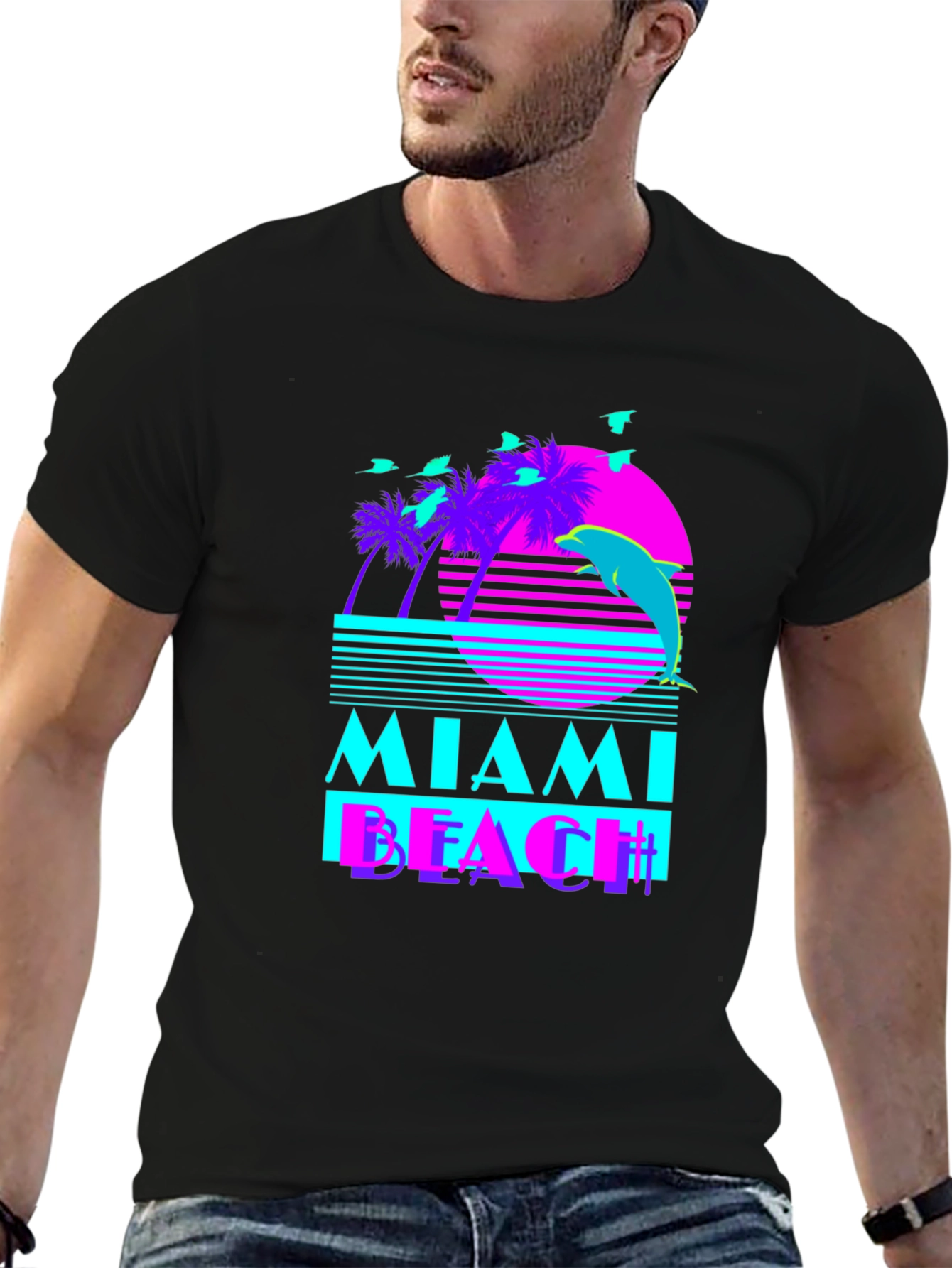 Black Miami Beach Retro T-Shirt view 6