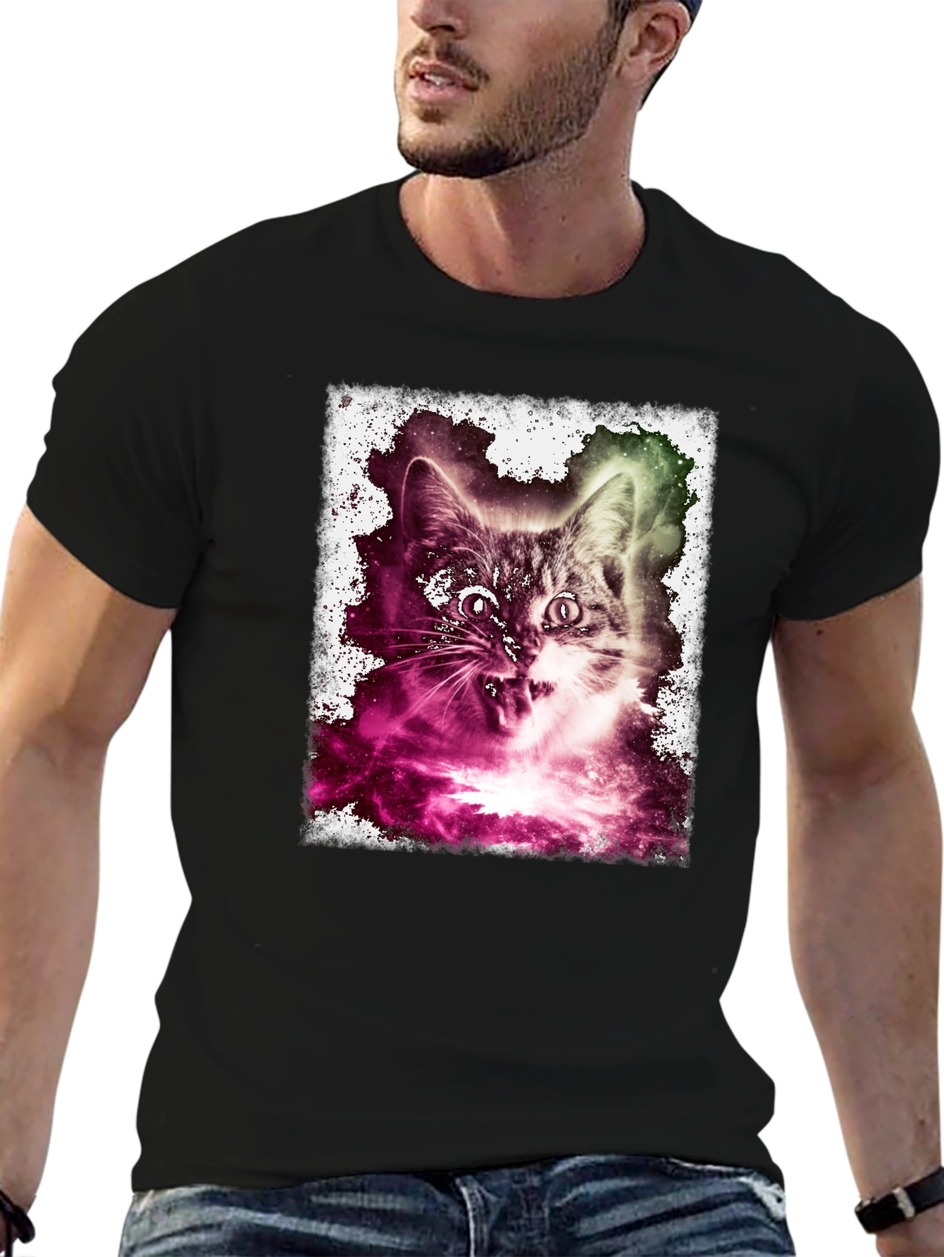 Black Galaxy Cat Graphic Tee - Men's Black T-Shirt view 6