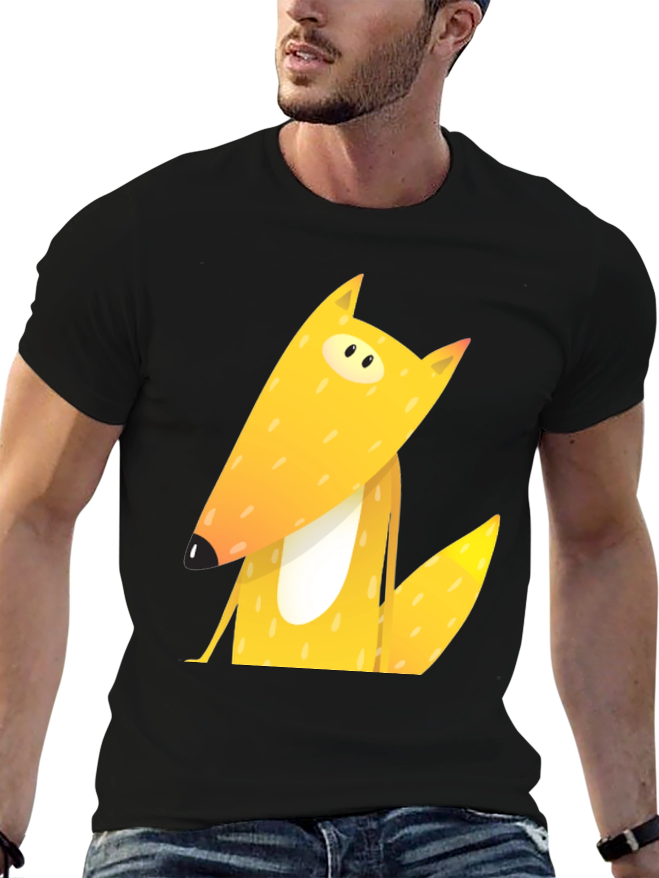 Black Cartoon Fox Graphic Tee - Black Cotton T-Shirt view 6