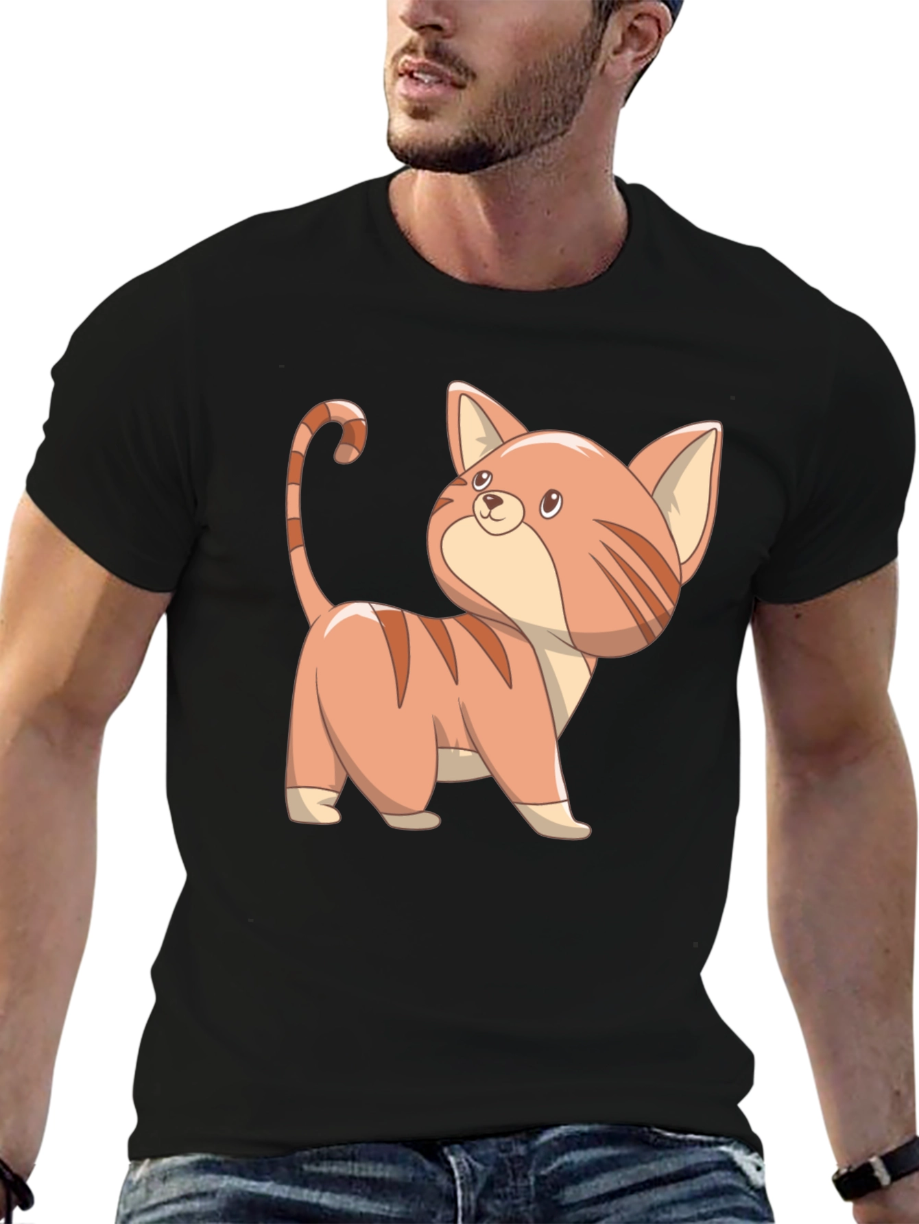 Black Cute Cartoon Cat Black T-Shirt view 6