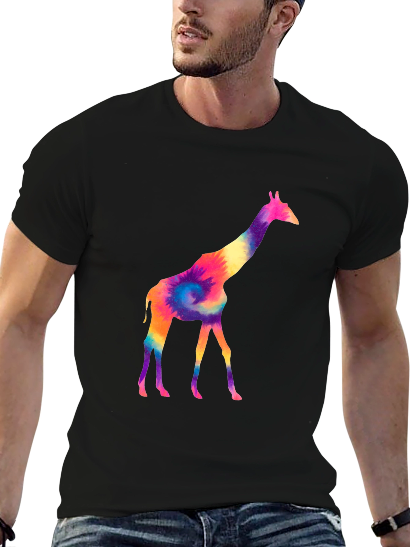 Black Colorful Giraffe Tie Dye Graphic Tee - Black view 6