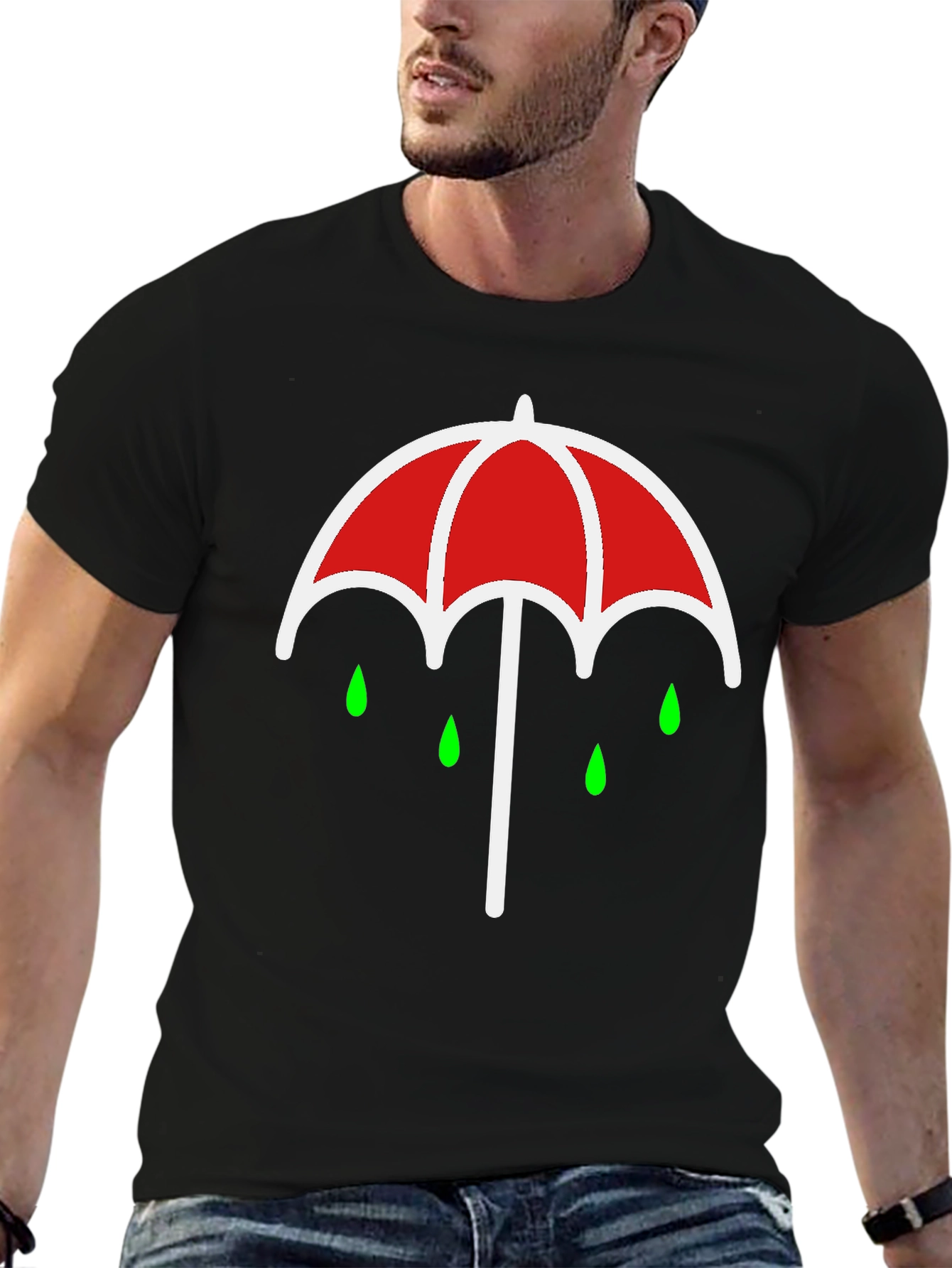 Black Umbrella Rain Drop Graphic T-Shirt - Black view 6