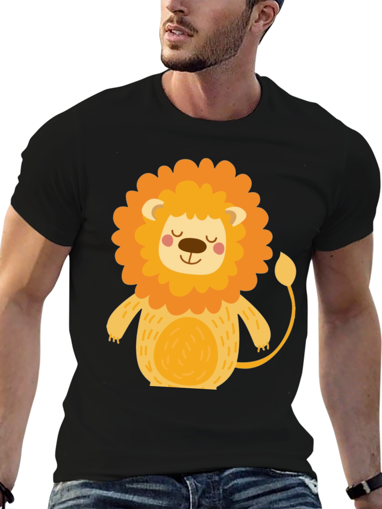 Black Cute Cartoon Lion Black T-Shirt view 6