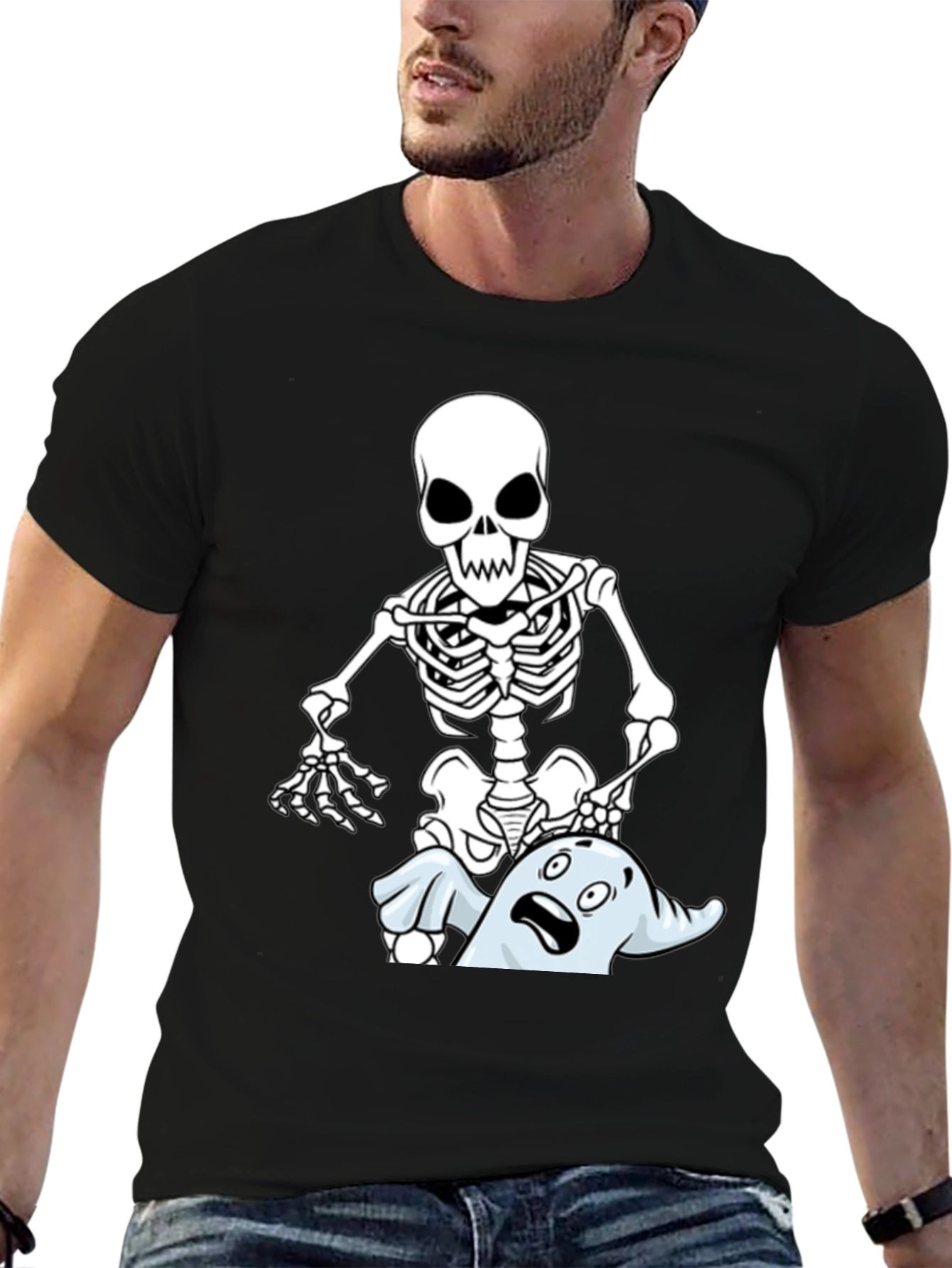 Black Funny Skeleton & Ghost Graphic T-Shirt - Black view 6