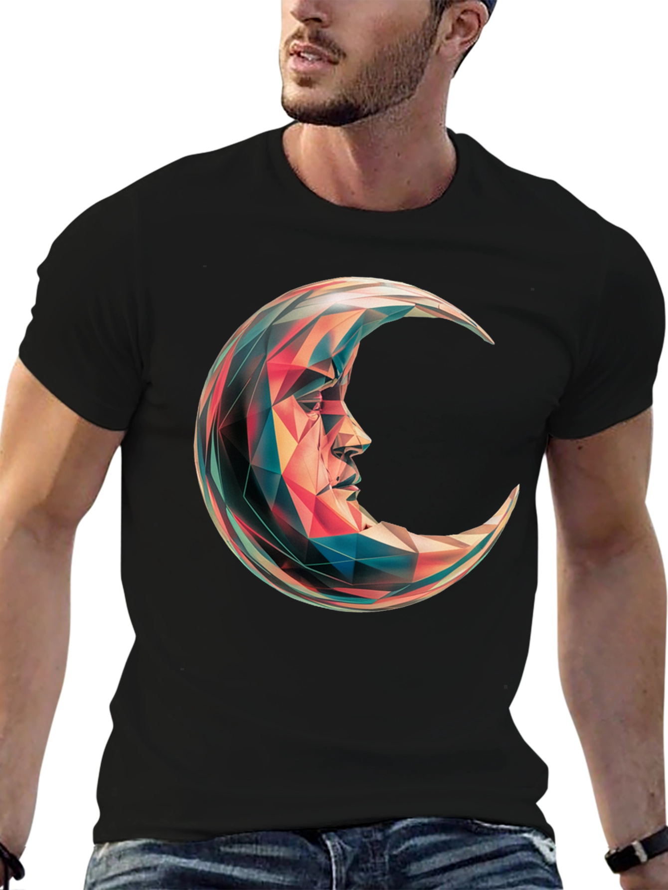 Black Geometric Crescent Moon Graphic T-Shirt - Black view 6