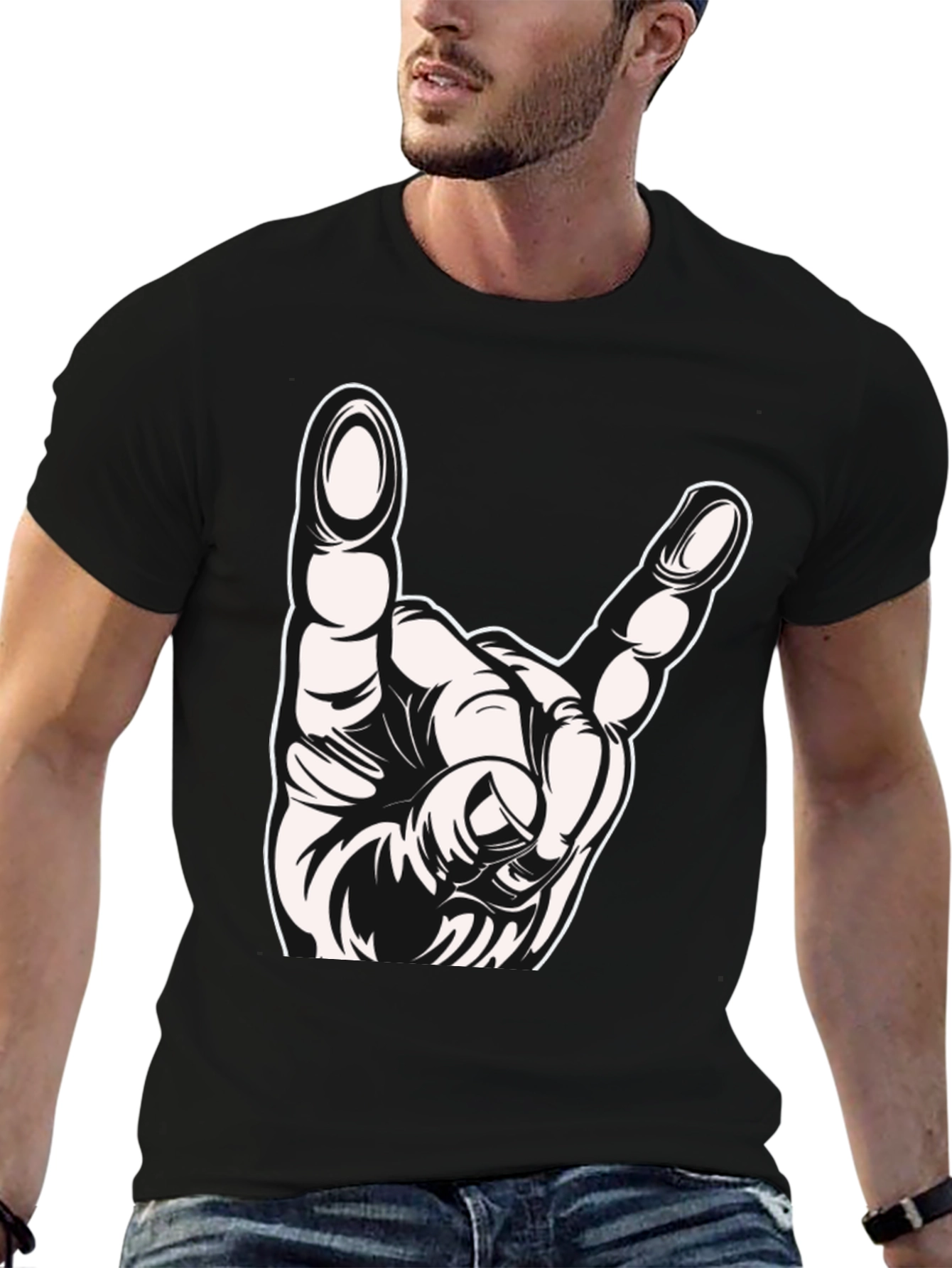 Black Rock On Hand Gesture Graphic T-Shirt view 6