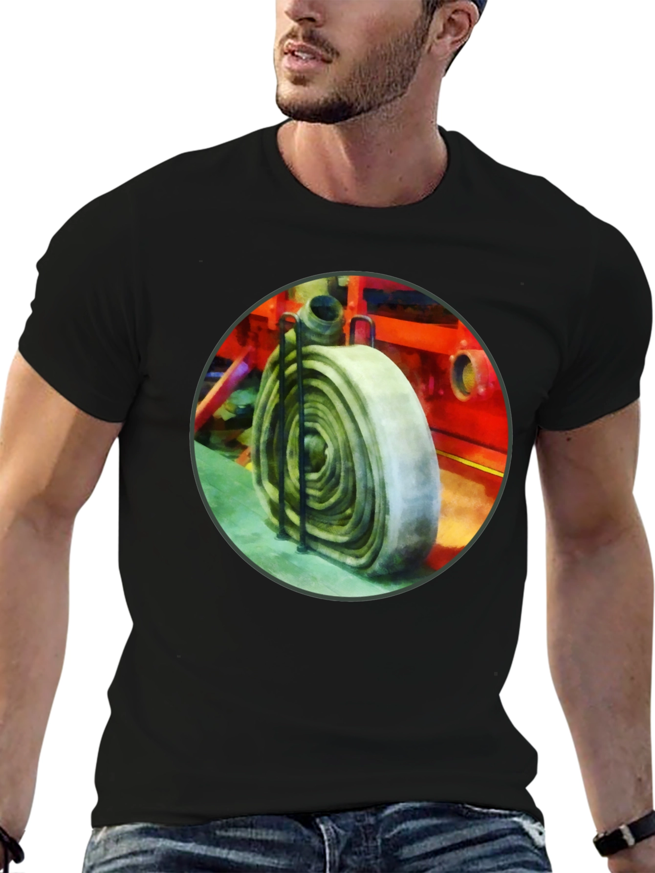 Black Fire Hose Graphic Tee - Black Cotton Crew Neck view 6