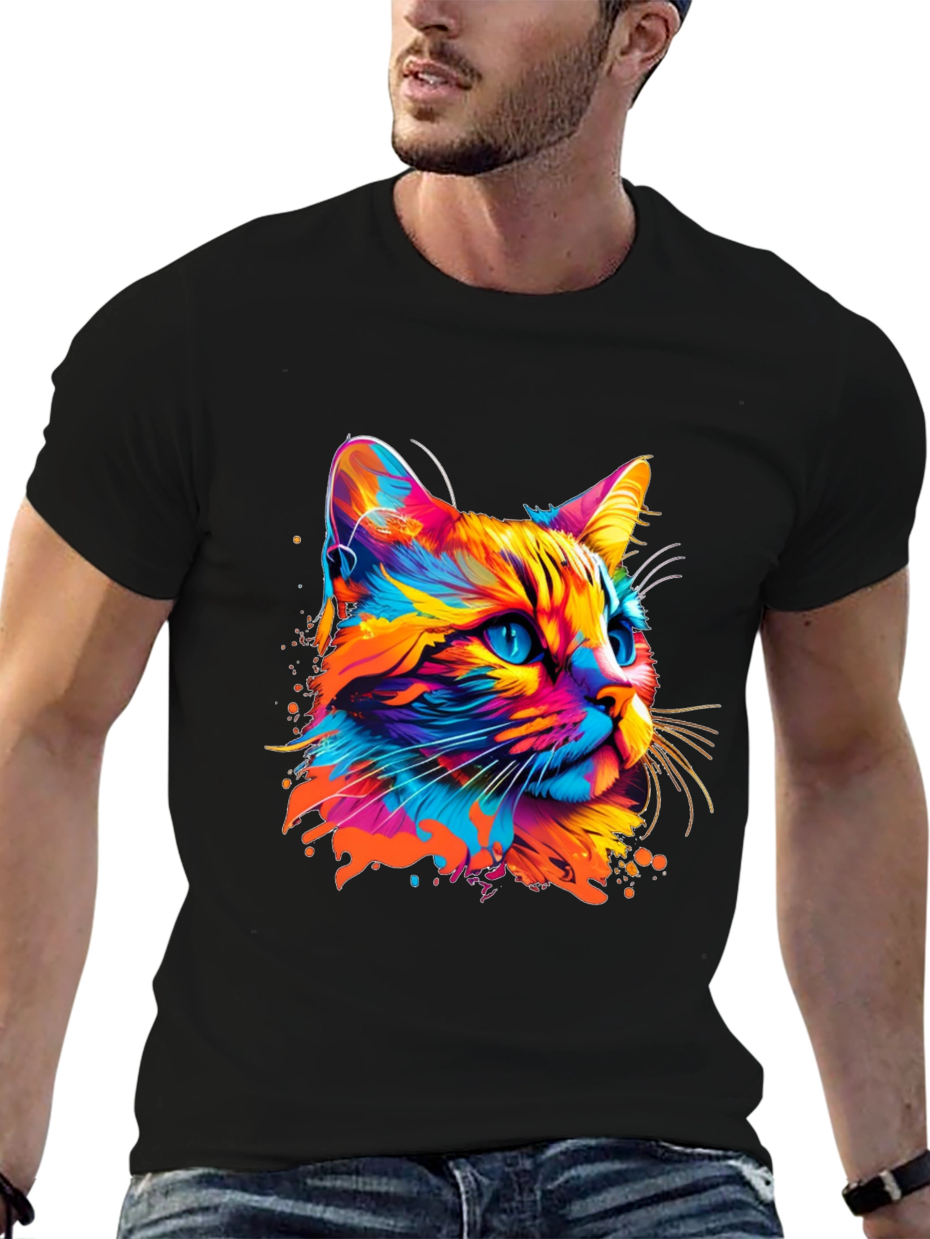 Black Vibrant Cat Graphic Print Black T-Shirt view 6