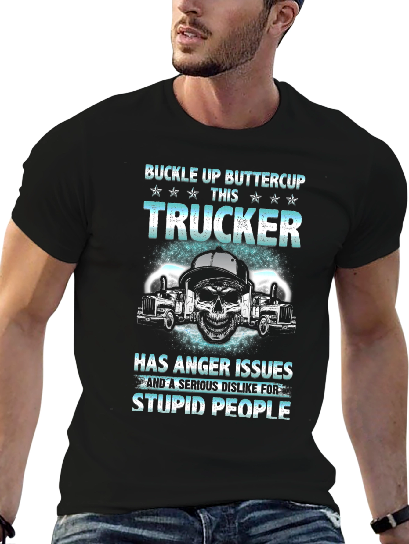 Black Buckle Up Buttercup Trucker Graphic T-Shirt view 6