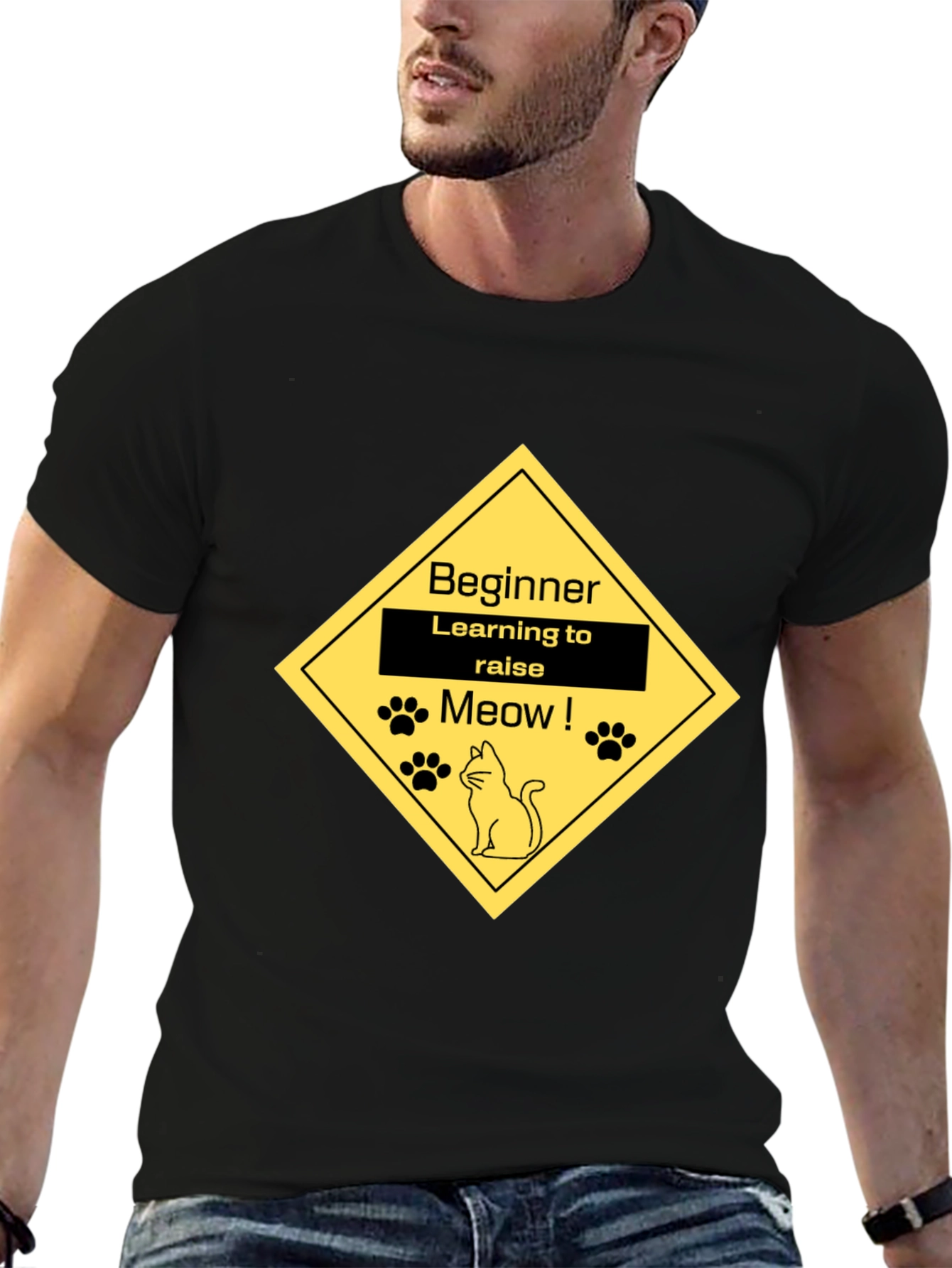Black Beginner Cat Lover Tee - Learning to Raise Meow T-Shirt view 6