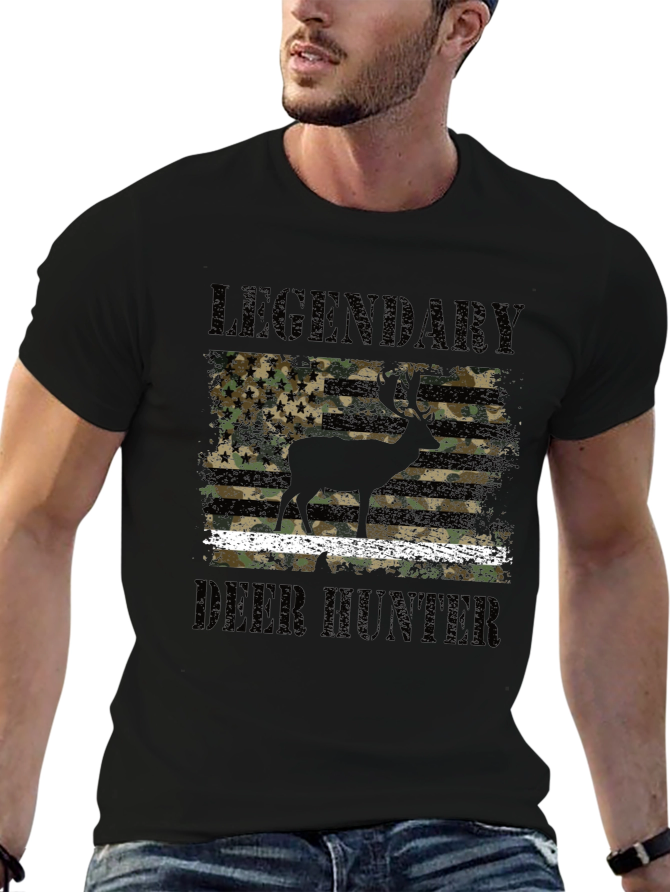 Black Legendary Deer Hunter Camo Flag Graphic Tee view 6