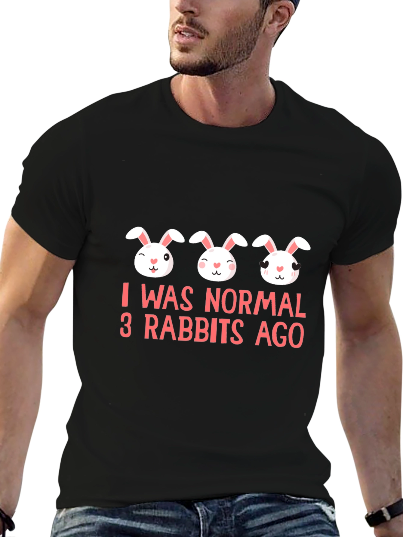 Black Funny Rabbit Graphic Print Black T-Shirt view 6
