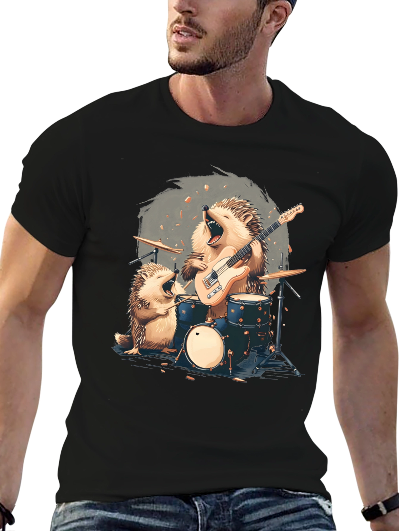 Black Hedgehog Band T-Shirt - Musician Hedgehog Tee view 6