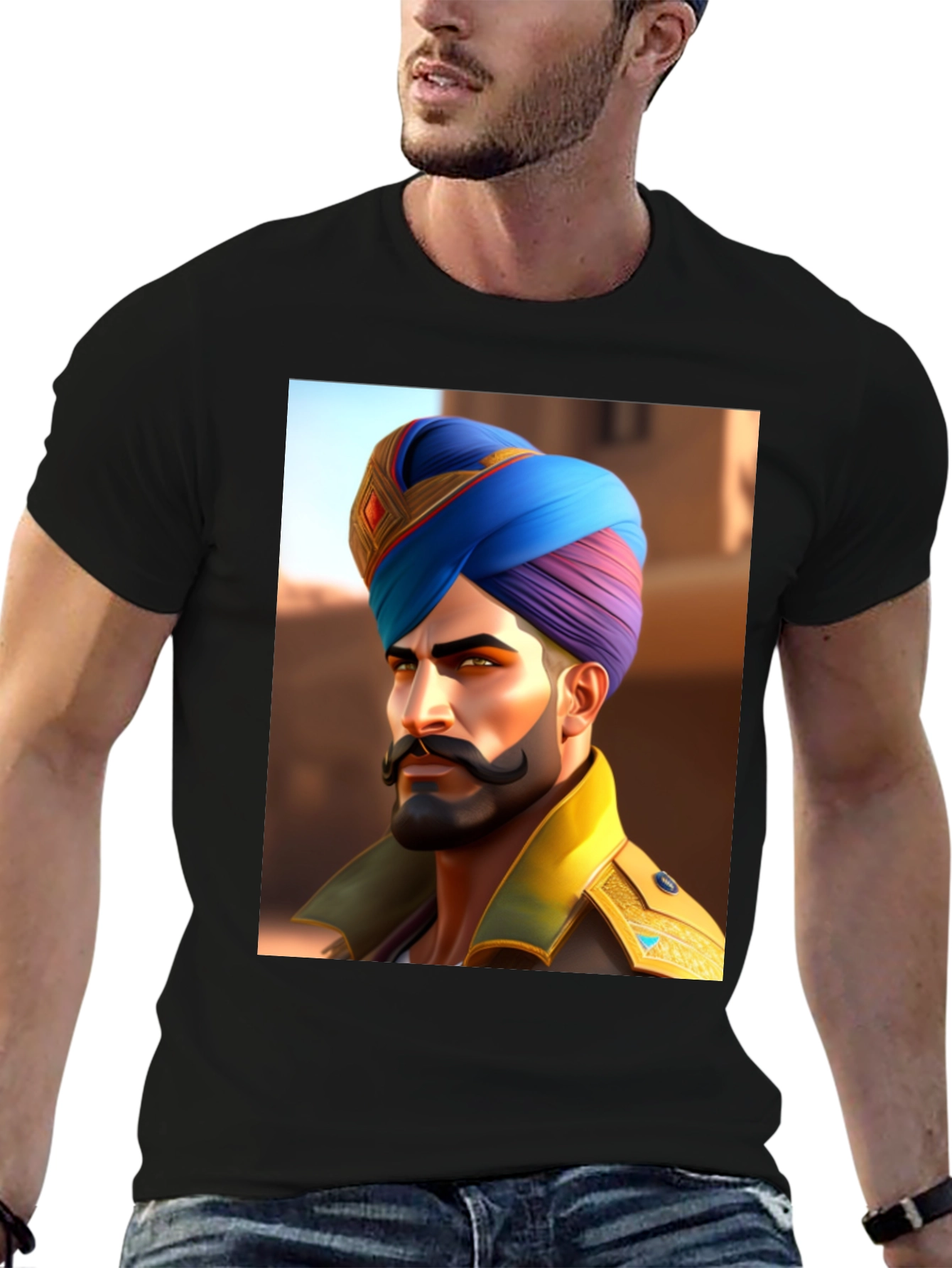 Black Graphic Tee: Sikh Warrior Portrait view 6