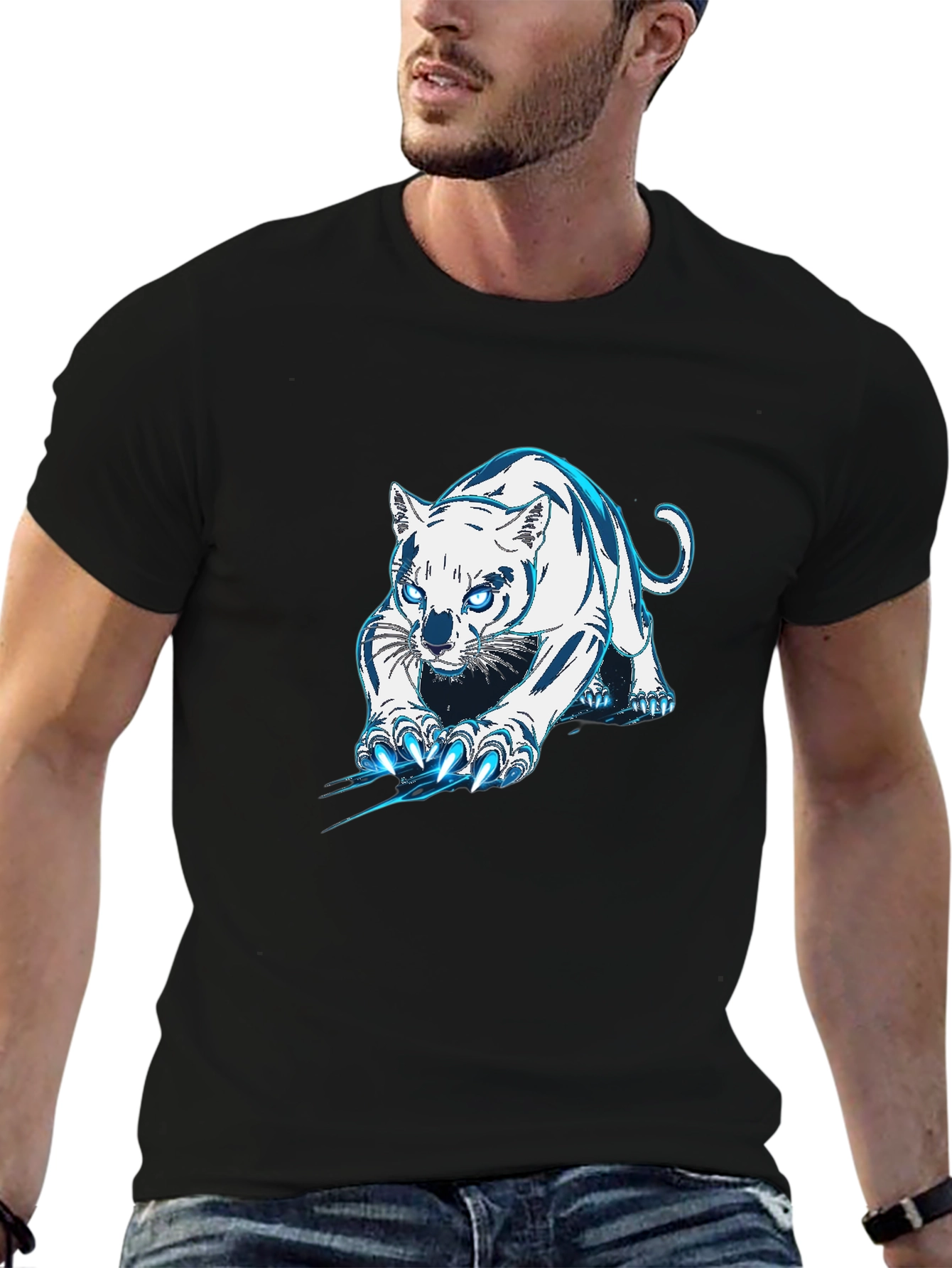 Black Black Tee with White & Blue Tiger Graphic view 6