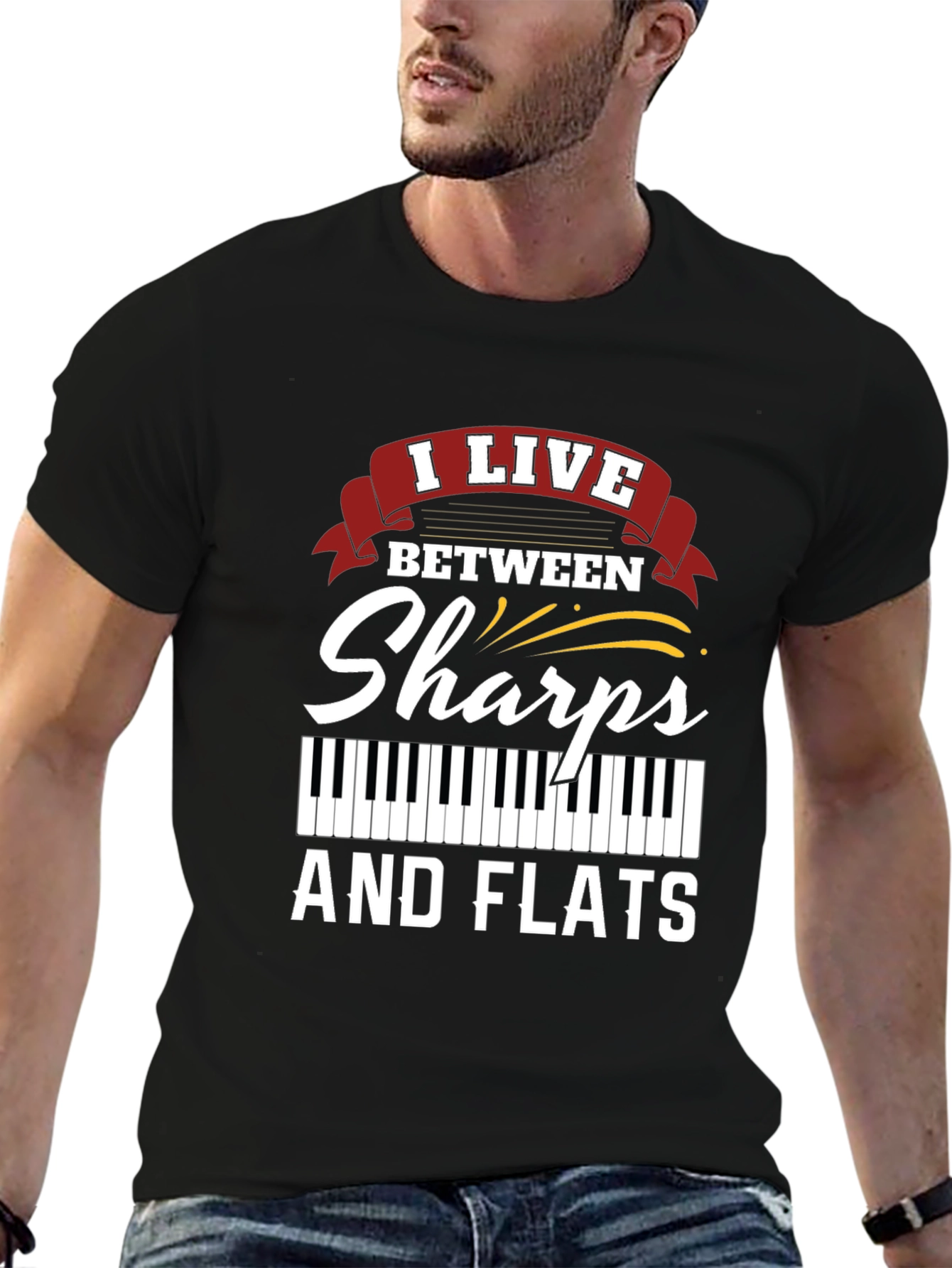 Black I Live Between Sharps and Flats Musician T-Shirt view 6