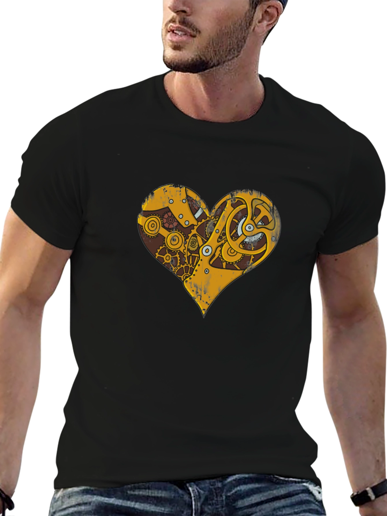 Black Steampunk Heart Gear Graphic T-Shirt view 6