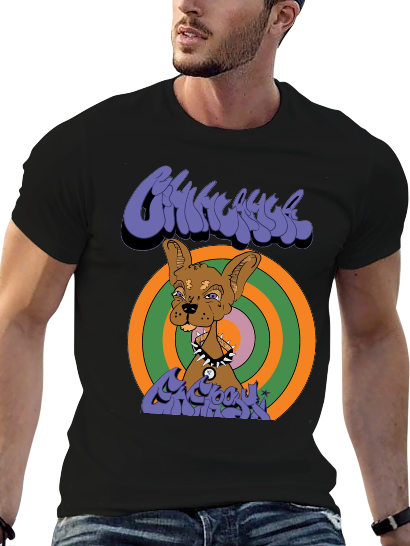 Black Groovy Cartoon Dog Graphic T-Shirt view 6