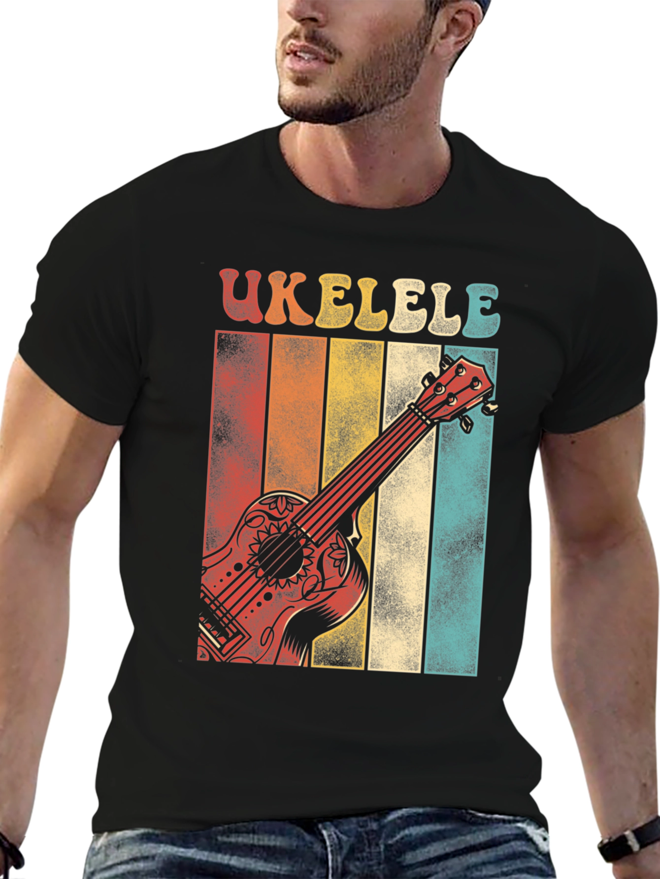 Black Retro Ukulele T-Shirt - Vintage Style Music Tee view 6