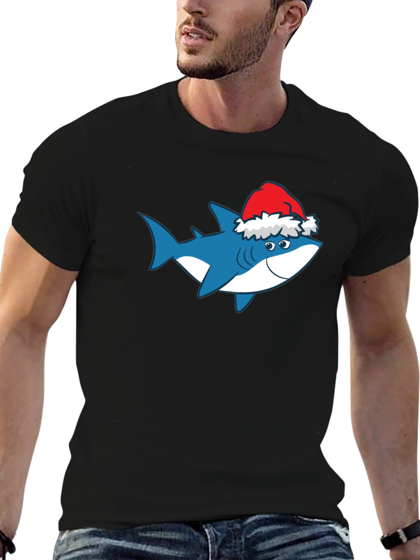 Black Shark Christmas T-Shirt Holiday Tee Santa Hat view 6