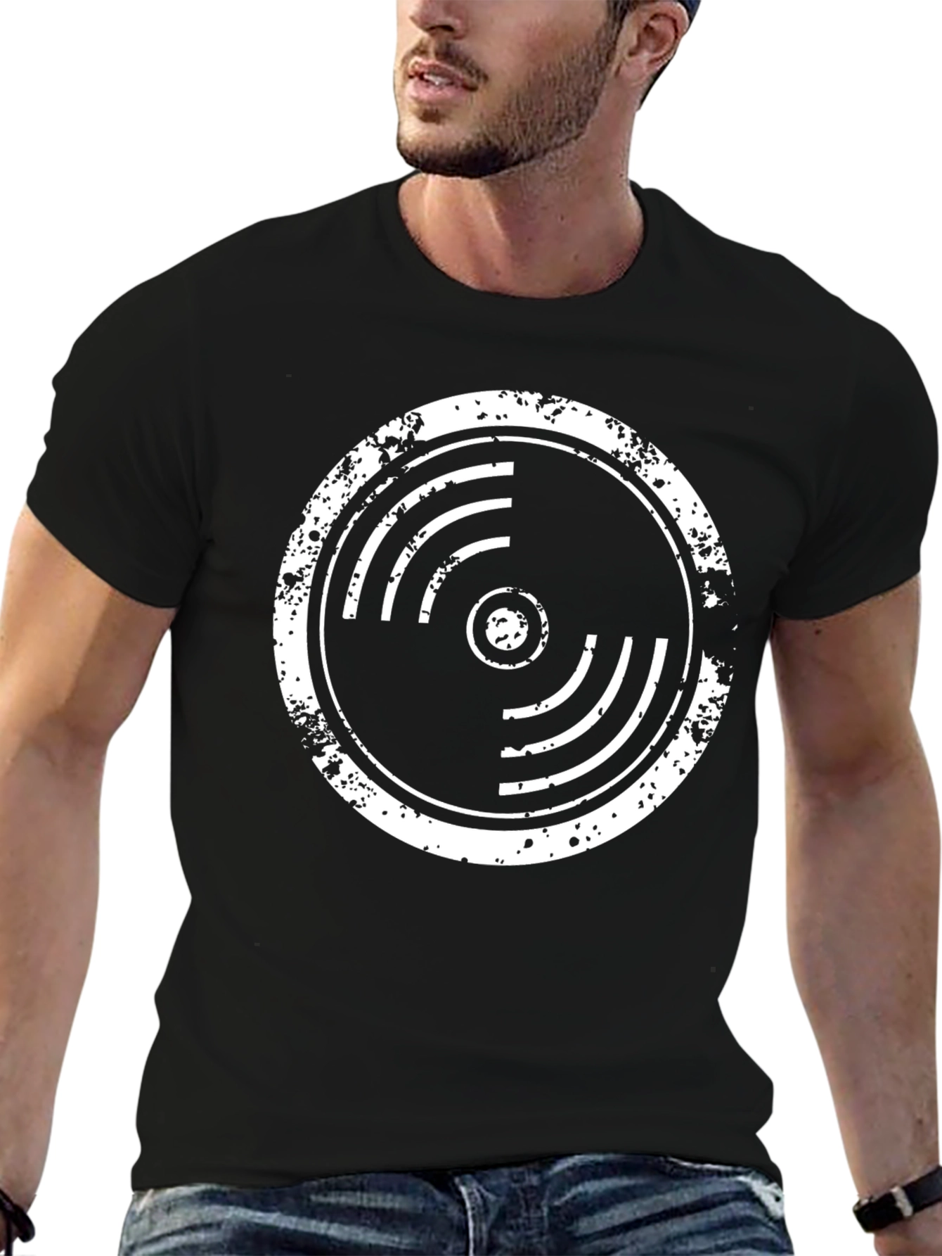 Black Distressed Vinyl Record Graphic T-Shirt view 6