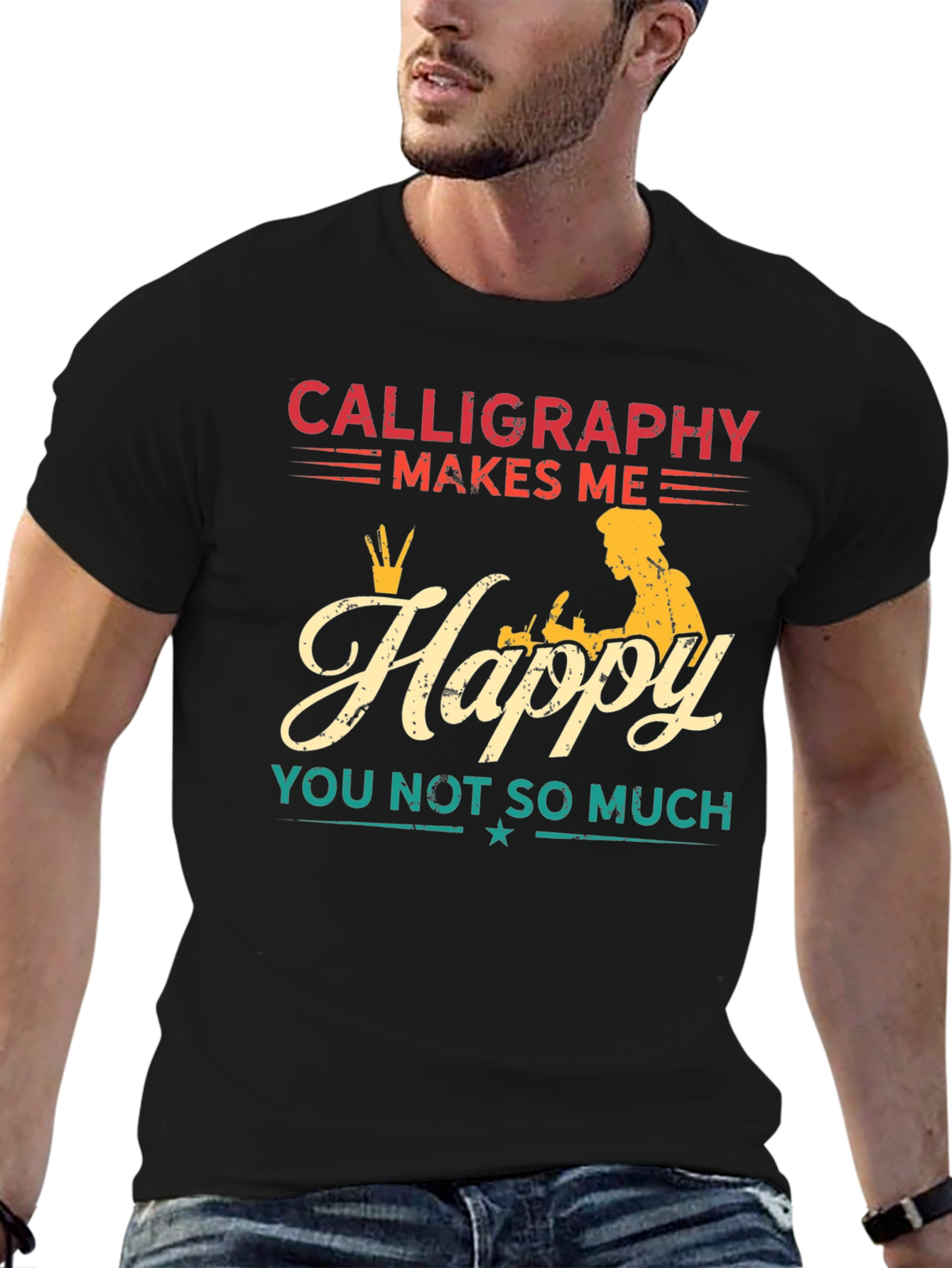 Black Calligraphy Makes Me Happy T-Shirt view 6