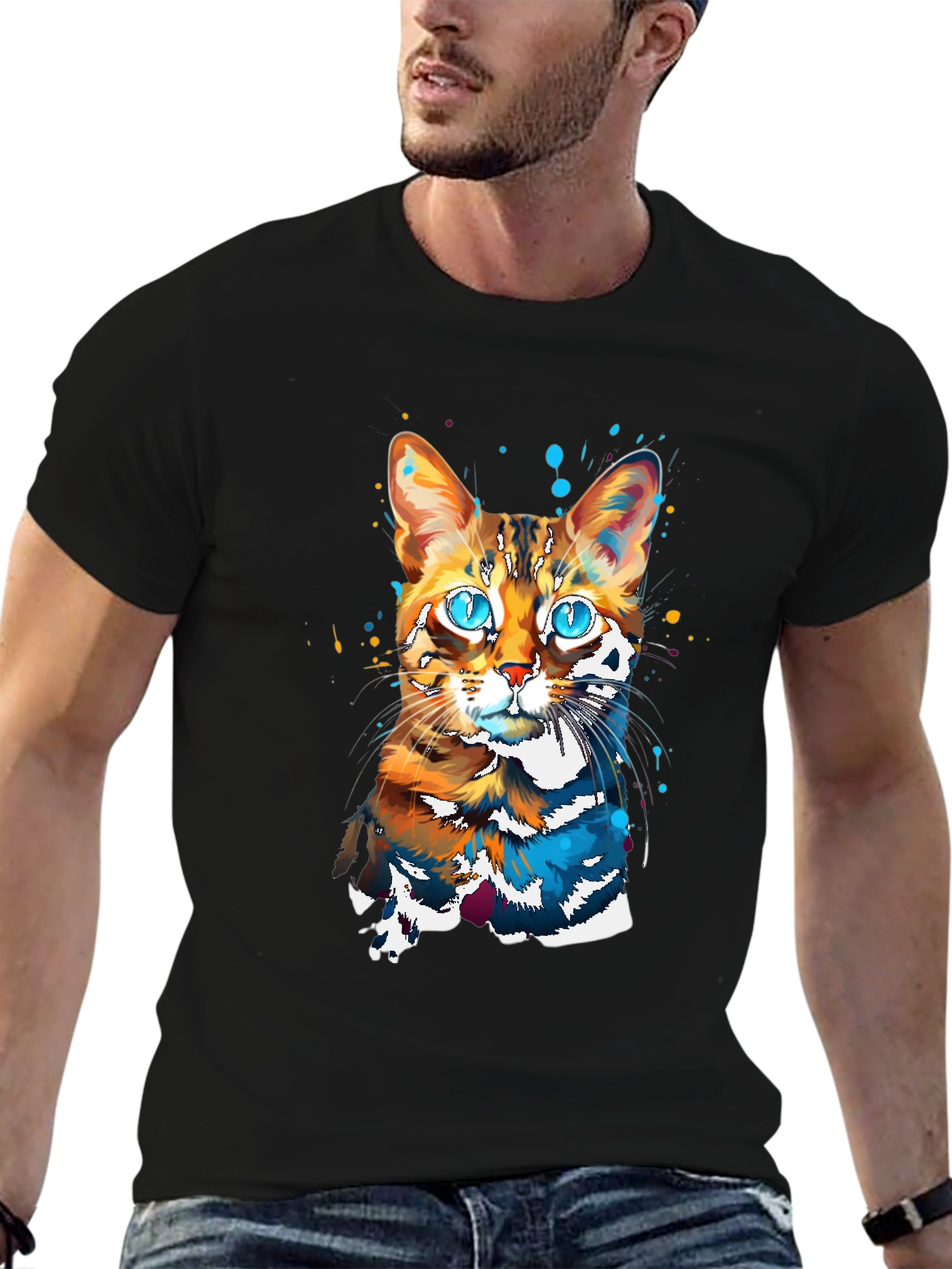 Black Vivid Cat Art Graphic Tee - Stylish & Unique Design view 6