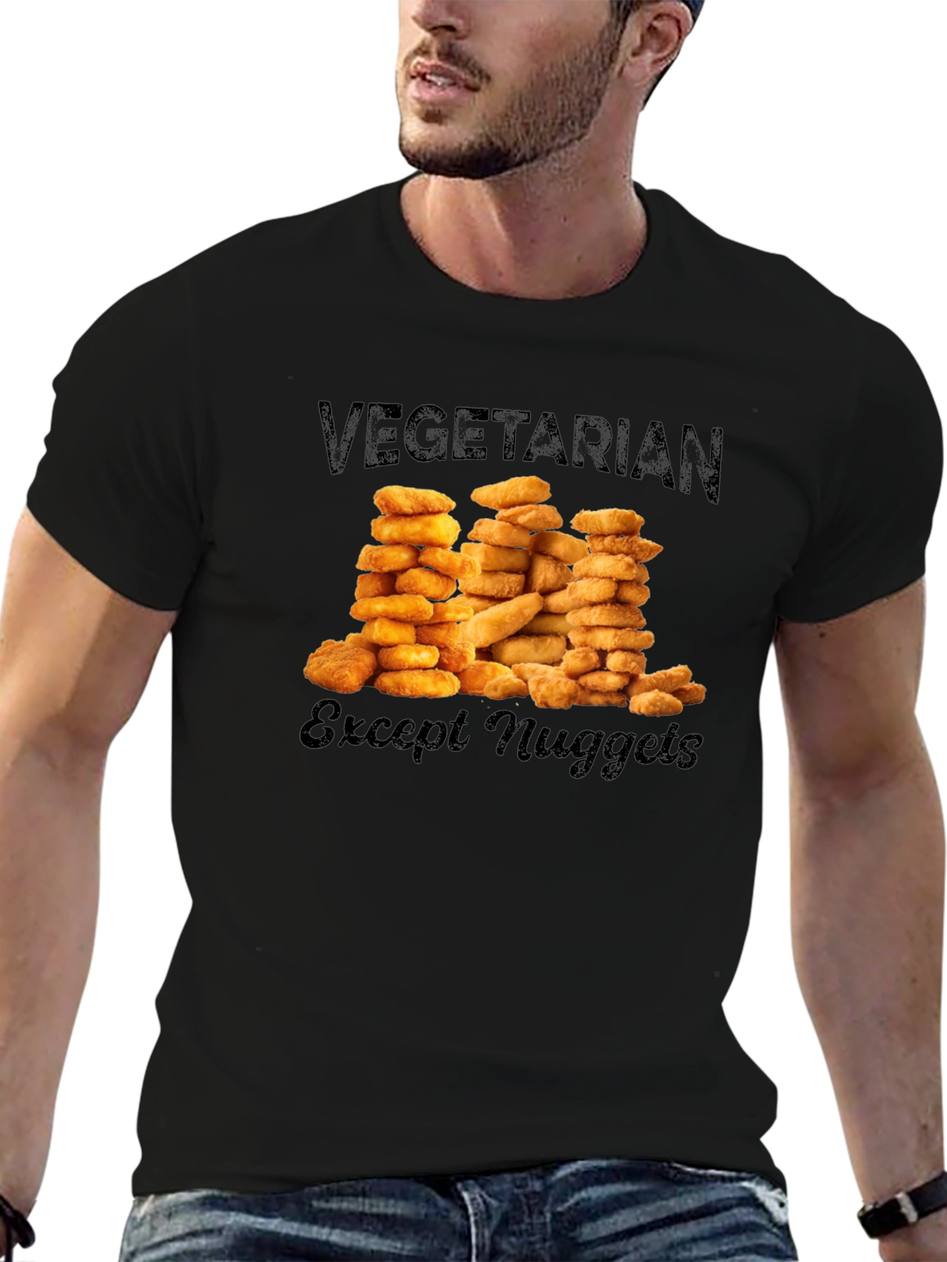 Black Vegetarian Except Nuggets Graphic T-Shirt view 6