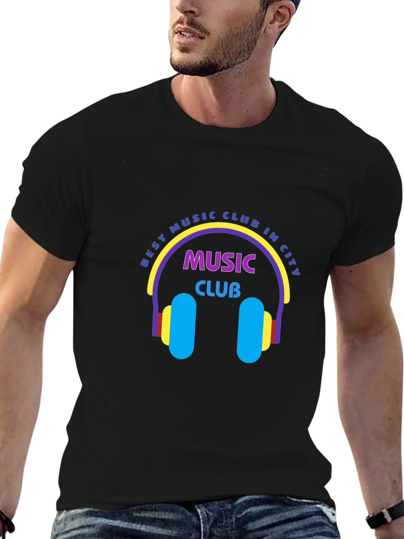Black Best Music Club T-Shirt - Cool Headphones Design view 6