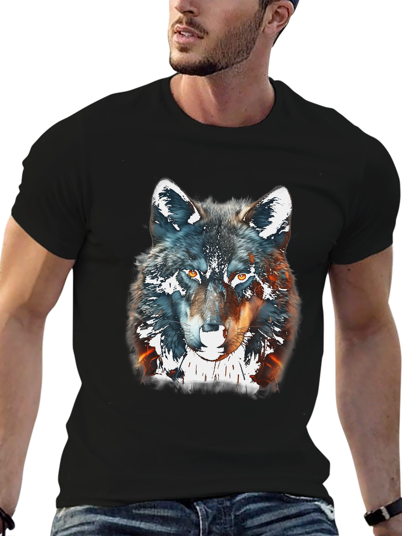 Black Wolf Graphic Print Tee - Black Cotton Blend view 6